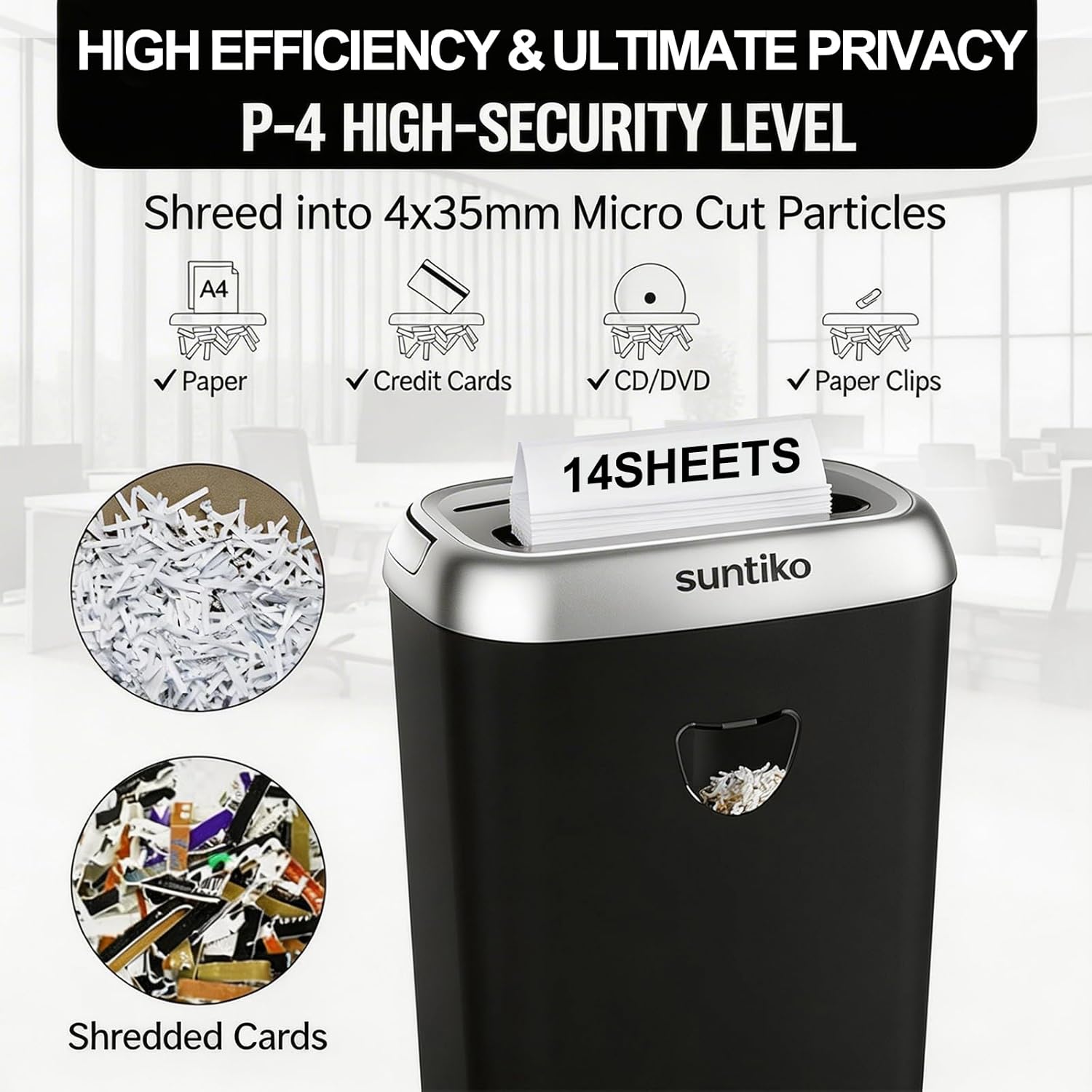 Suntiko 14-Sheet Cross Cut Paper Shredder for Home Office, P-4 High Security Heavy Duty Shredder for Office Use, Jam Proof Paper Shredder with 6.6 Gallon Bin for Credit Card CD Staples, ETL Certified