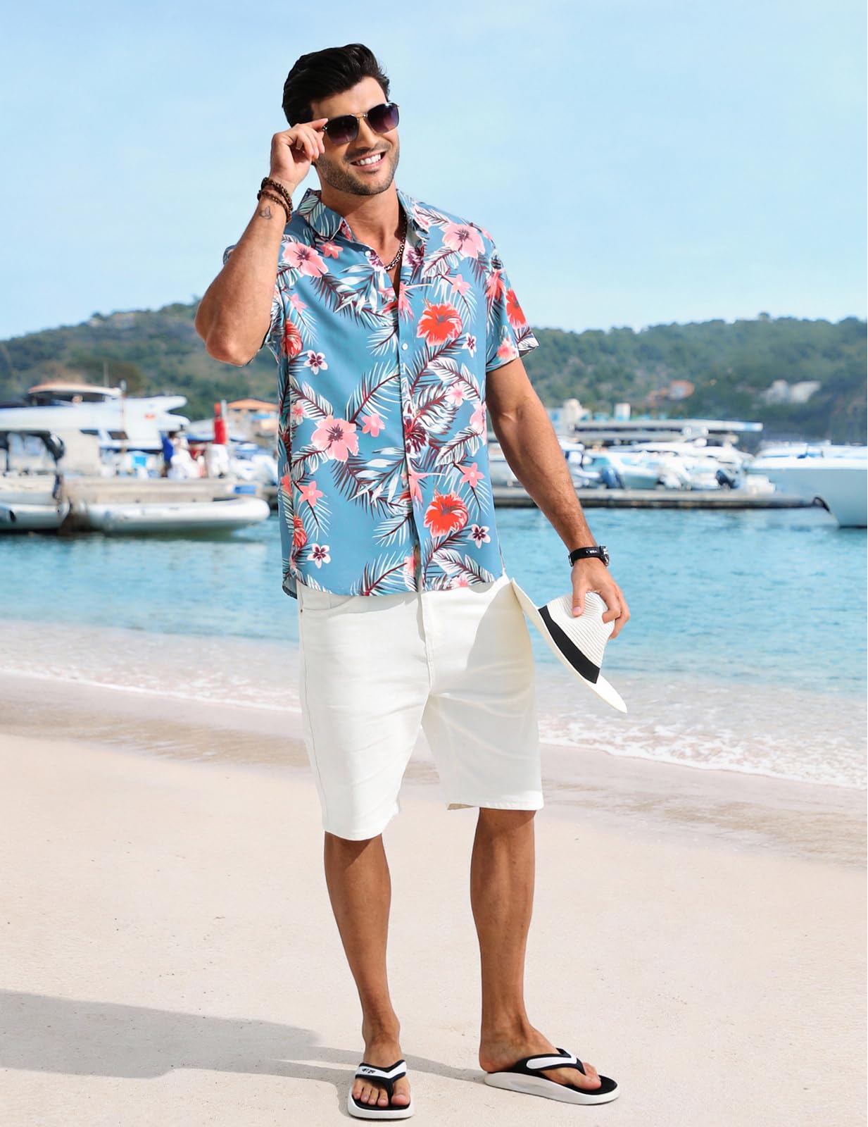 Camicia hawaiana da uomo, estiva, a maniche corte, con bottoni, casual, per il tempo libero, per le vacanze, motivo floreale, vestibilità regolare