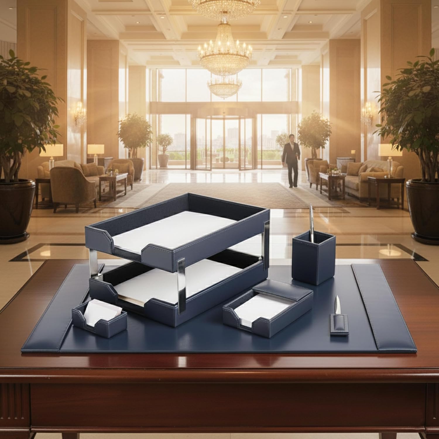 DACASSO Bonded Leather Desk Set - Luxury Leather Desk Pad & Desk Organization Essentials (Navy Blue, 8 Piece)