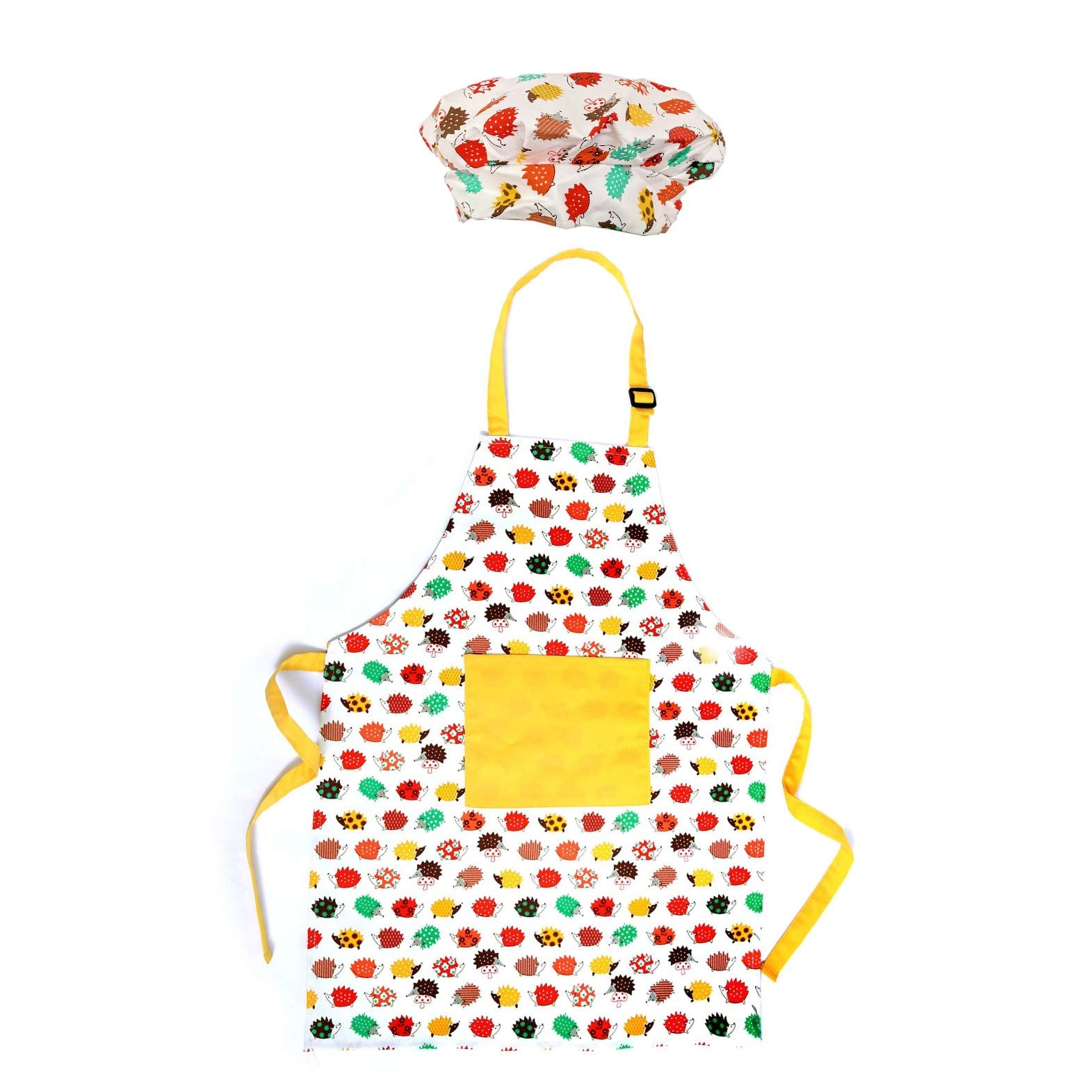 JZK Juego de delantal ajustable y gorro de chef para niños, bonito delantal de cocina con bolsillo para niños y niñas, para la escuela, cocina, hornear, pintura, jardinería, multicolor, S