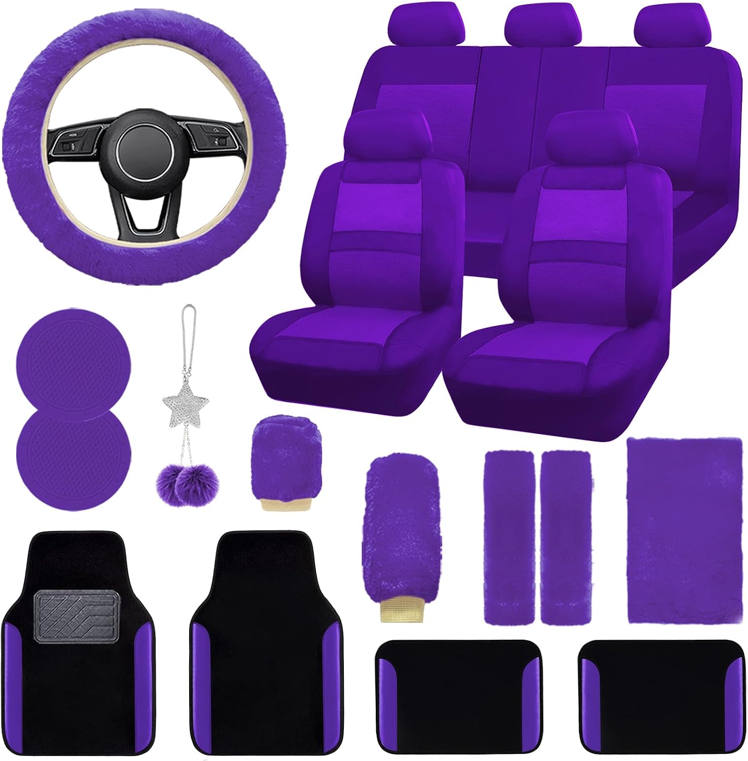 JINGSENCar Seat Cover Full Set for Women with Waterproof Floor Mats,3D Air Mesh Car Seat Cover with 5mm Composite Sponge Inside,Universal Fluffy Steering Wheel Cover,Accessories Full(Purple)