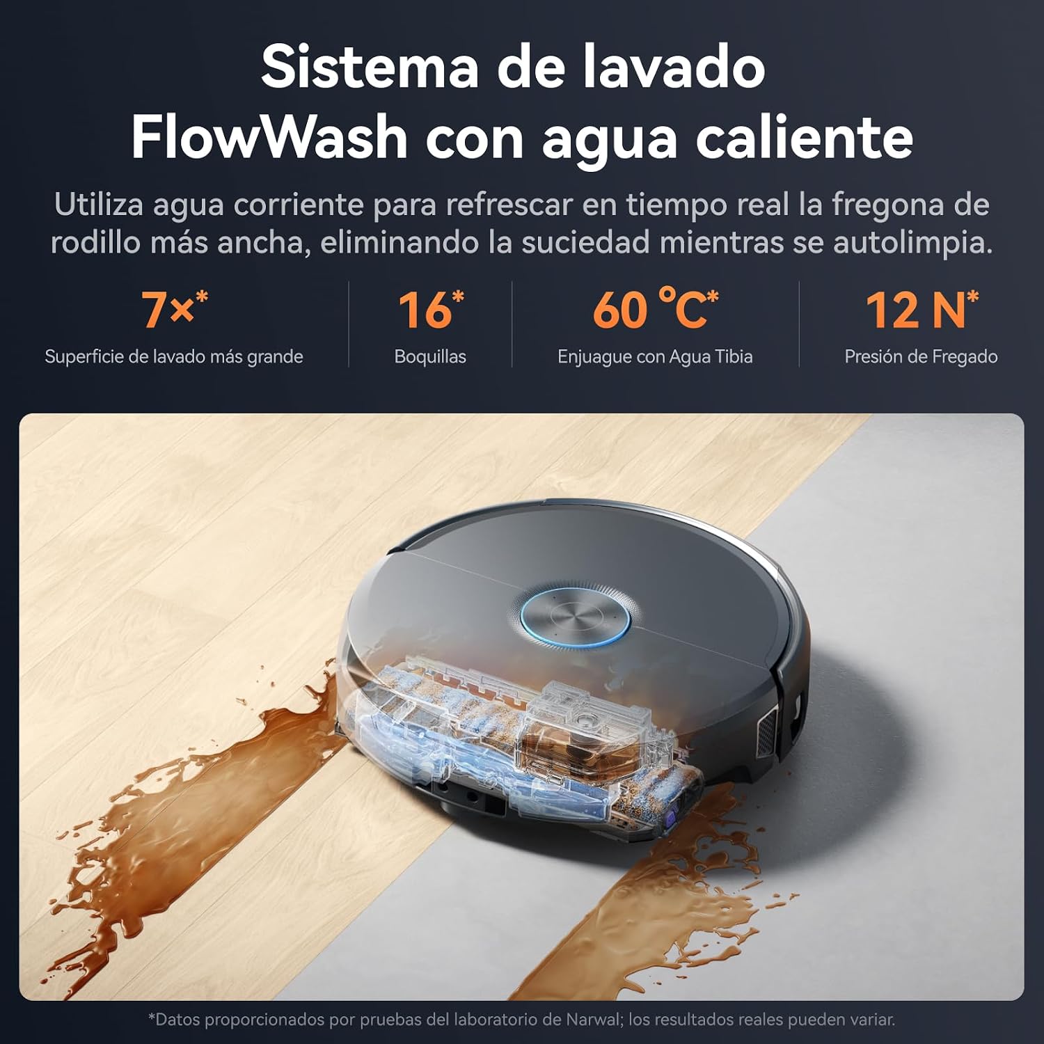 NARWAL Flow 2 Robot Aspirador, Estación Todo en Uno Compacta, Rodillo Lavador Alargado, Lavado FlowWash a 60 °C, Potencia de aspiración de 31000 Pa, Tecnología CarpetFocus™ 4