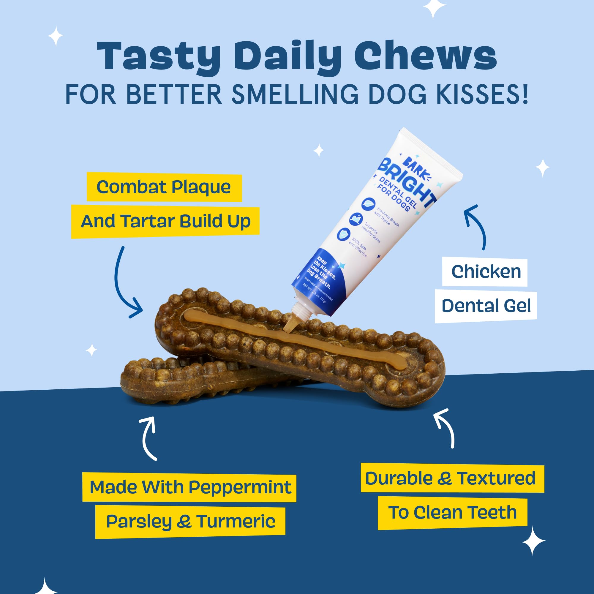 Bark Bright - Kit de masticables dentales duraderos - Kit de cepillado de dientes de perro con masticables de limpieza de dientes y pasta de dientes - Removedor de placa y sarro para dientes más