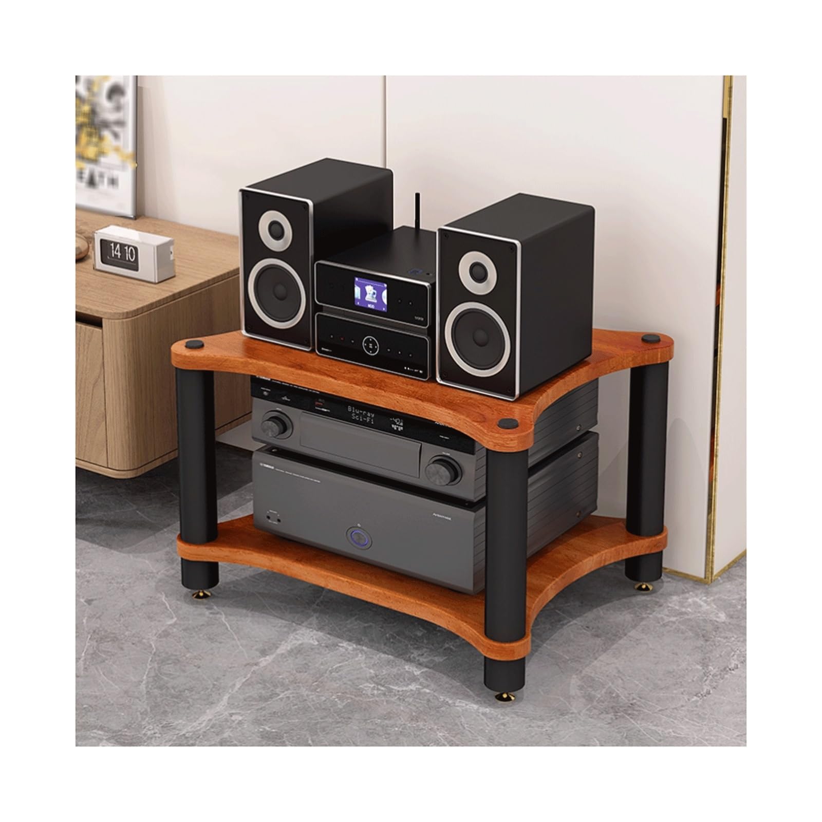 2-Tier Wooden CD Record Player Stand with Shock-Absorbing Feet - AV Media Cabinet Display Rack for Home Office & Theater - Stylish Stereo Receiver (Brown)