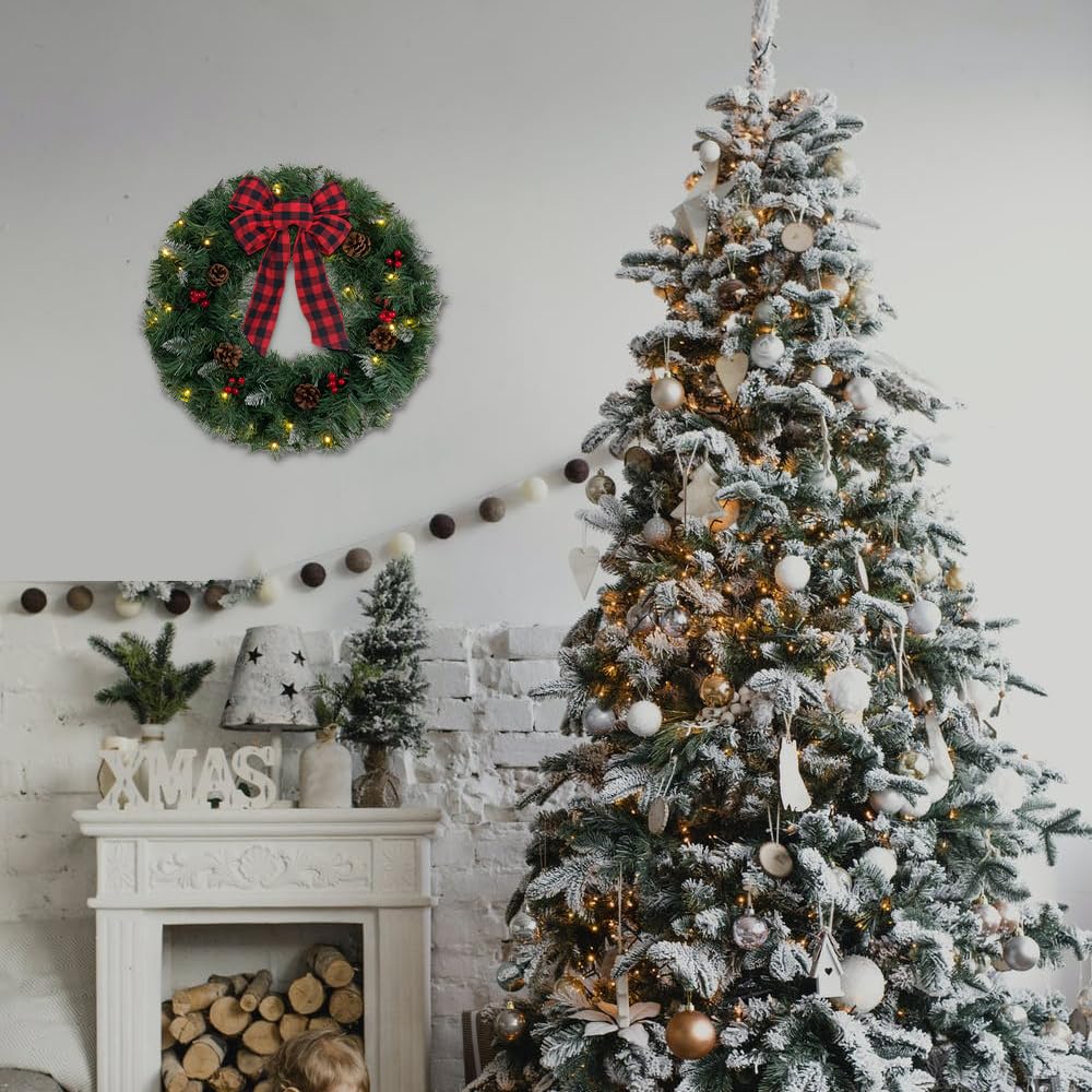 MEETYAMOR Christmas Wreath for Front Door, 24 Inch Large Flocked Pine Bowtie Wreaths for Home Outdoor Indoor, Battery Operated Prelit Christmas Door Decorations Winter Ornaments with Timer Led Lights