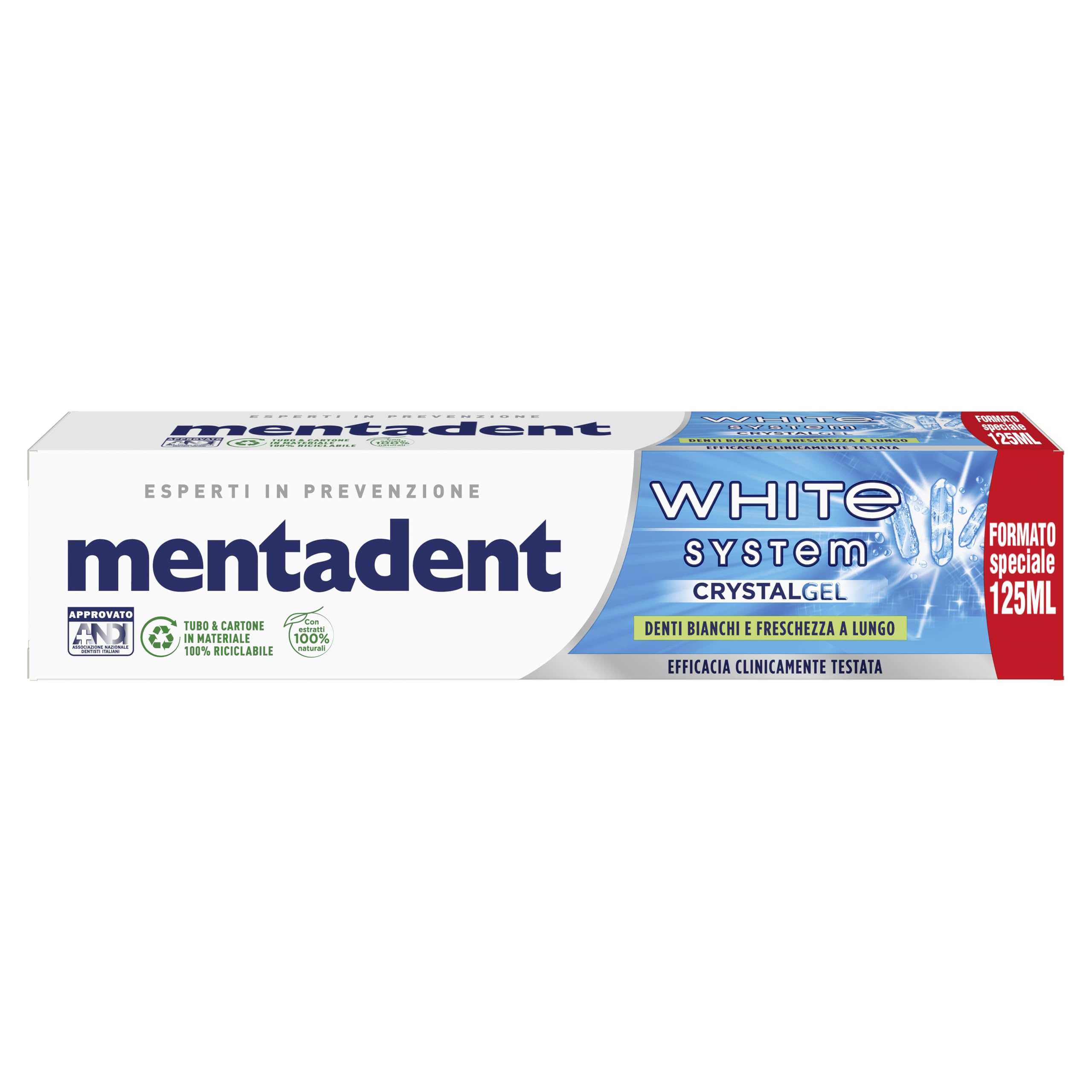 Mentadent Dentifricio Crystal Gel, con Gel alla Menta Fredda e Particelle Lucidanti, per un'Intensa Freschezza a Lungo, 125 ml