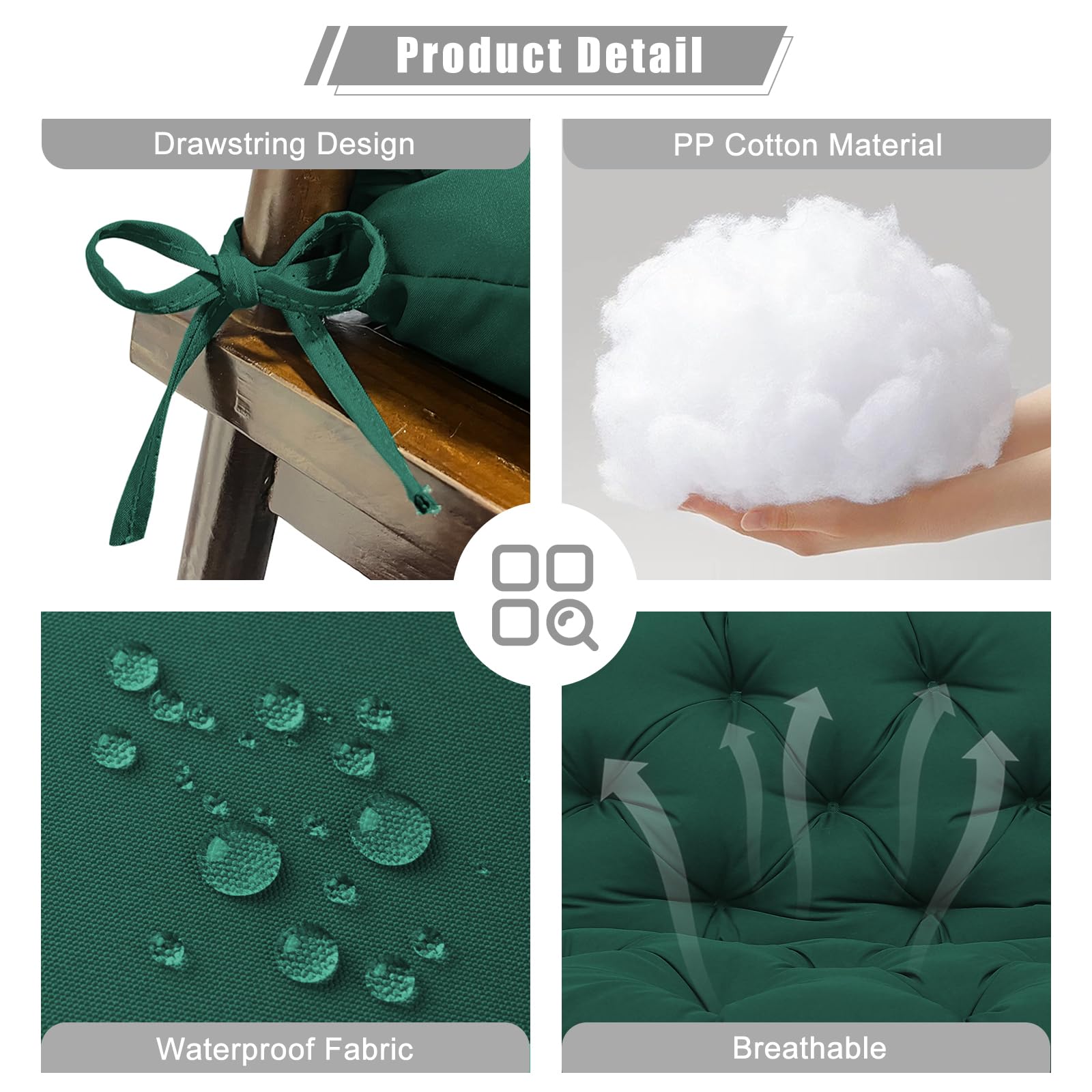 Amdieu Cojín para columpio de jardín de 3 plazas, impermeable, con respaldo y 8 lazos, 12 cm de grosor, cojín de repuesto para muebles de exterior, jardín, columpio, porche, patio (verde oscuro, 150 x