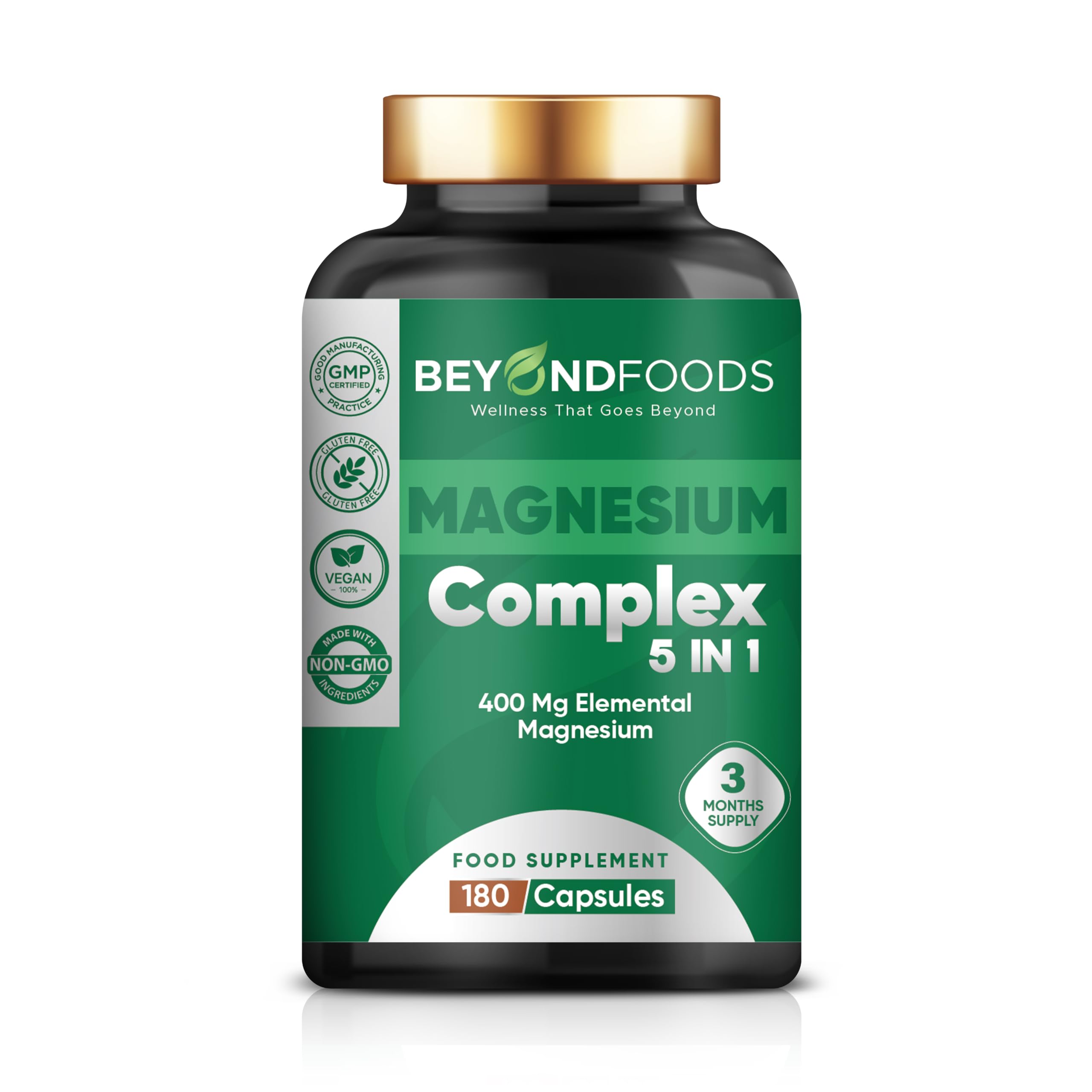 Magnesium Komplex 5-in-1 Kapseln – 400 mg elementares Magnesium pro Portion – Mit Bisglycinat, Citrat, Malat, Oxid & L-Ascorbat – 180 vegane Kapseln, 3-Monats-Vorrat