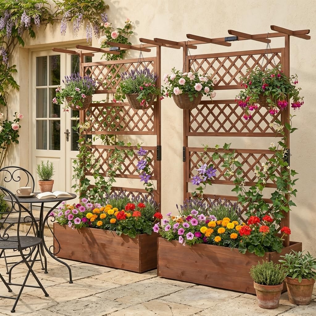 GOPLUS Blumenkasten mit Rankgitter, Pflanzkasten mit hängendem Dach & Querstange, Pflanzbeet aus Tannenholz, Pflanzkübel Outdoor mit Ablauflöchern, Blumenkübel für Garten & Balkon, 100 x 55 x 183 cm