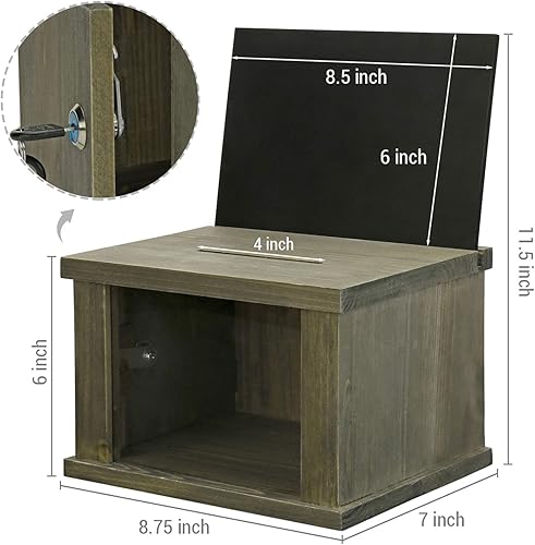 Vista 19 de MyGift Caja de colección de madera maciza quemada rústica montada en la pared con tarjetero de metal negro, caja de comentarios y sugerencias