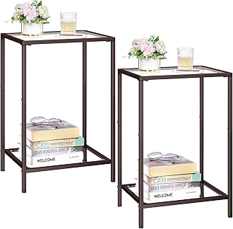 Side Tables Set of 2, End Tables with Tempered Glass, 2-Tier Nightstands with Storage Shelves, Coffee Table with Modern Style, Slim Sofa Table for Living Room, Bedroom, 11.8" D x 15" W, Brown