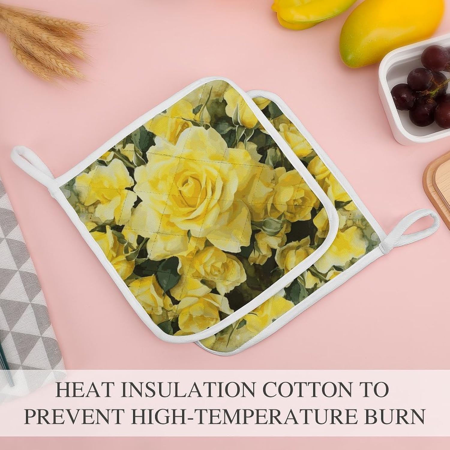Yellow Rose Polyester Heat Resistant Pot Pad Non Slip Anti Scald Hot Dish Mat Reusable Table Protector for Kitchen Hot Pot Mat Wear Resistant Heat Proof Table Pad for Countertop Dining Room