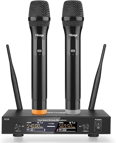 Facmogu Sistema de micrófono inalámbrico UHF G120, juego de micrófono inalámbrico de metal dual con 2 micrófonos dinámicos de mano, rango de 260
