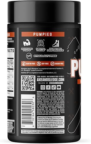 Miniatura 3 de Axe & Sledge Suplementos PUMPIES potenciador de óxido nítrico con VasoDrive-AP y nitrosigine, aumenta las bombas, el rendimiento y la recuperación,