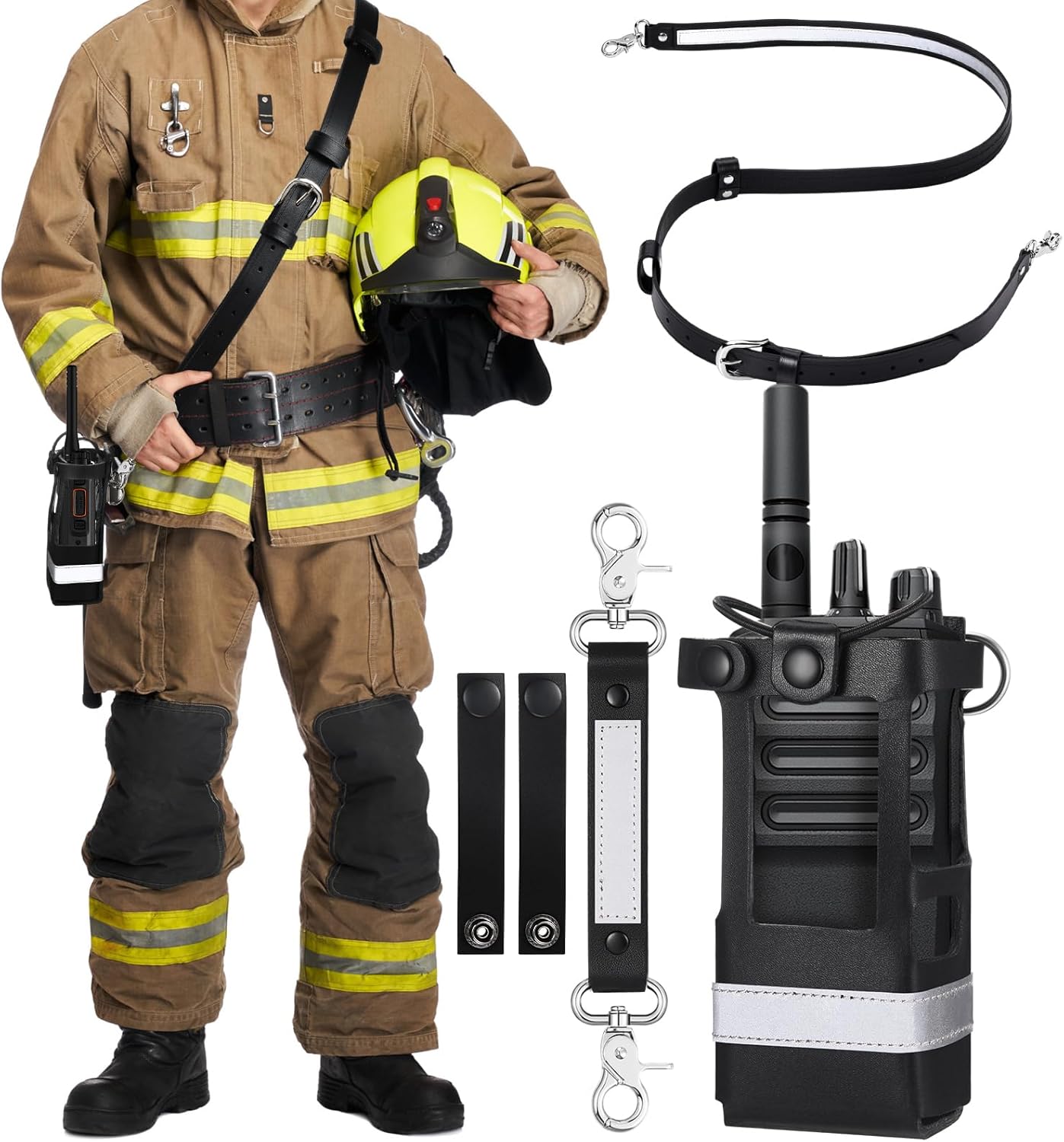 Radio Strap Firefighter Leather Radio Holster Bundle Set Includes Holster, Strap, sway Tape, Cord Keepers for Firefighters EMS EMT Polices (Reflective Strips)