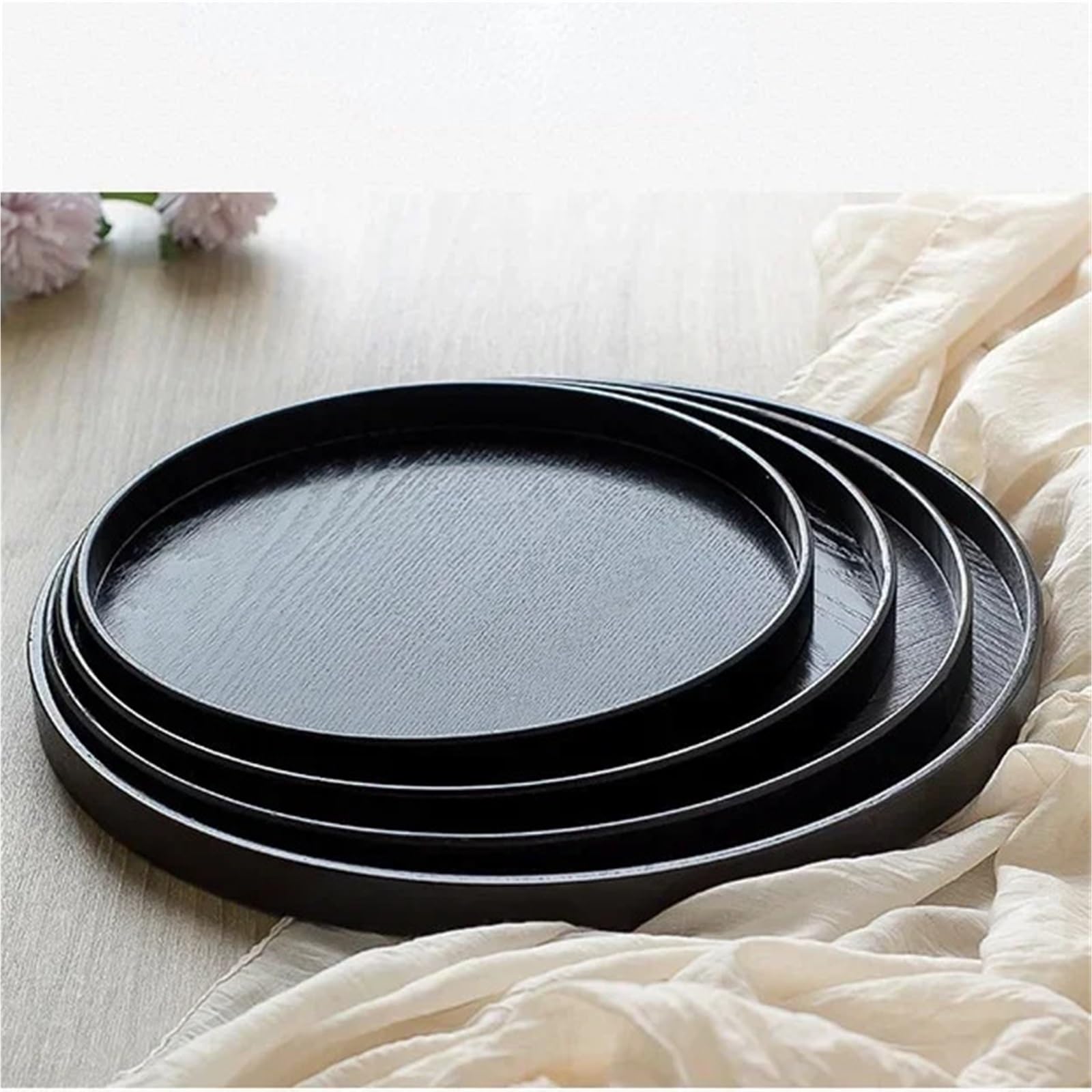 Bandeja para Servir (2 Unidades), Redonda de Madera Maciza, para té, café, Aperitivos, té, Rectangular, Tradicional (Redonda, Negra, 24 cm)