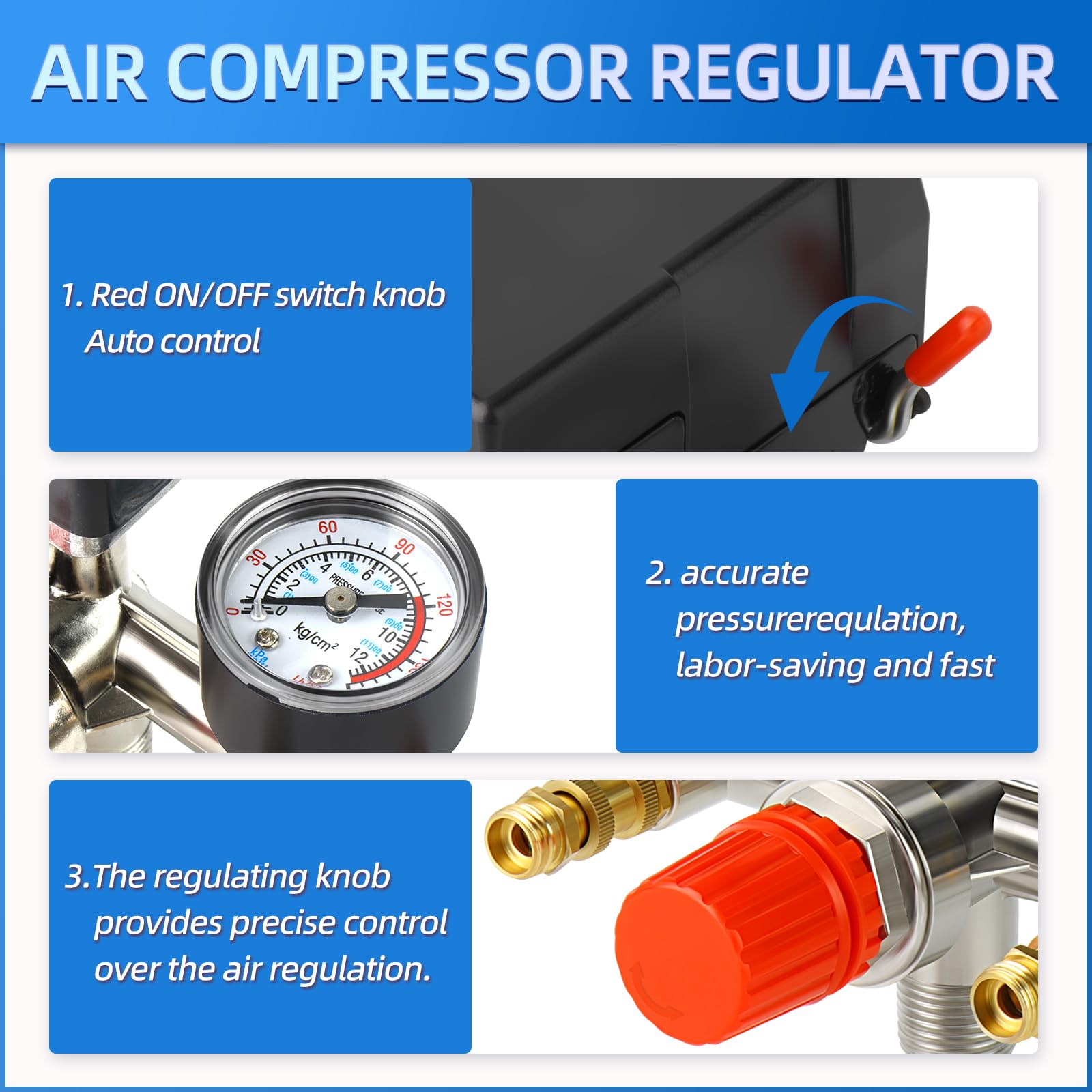 MEANLIN MEASURE Pressostat pour compresseur d'air - Valve de commande 95-125 PSI 110 V-240 V - Pièces de rechange 1 voie avec manomètre 0-180 et régulateur de collecteur