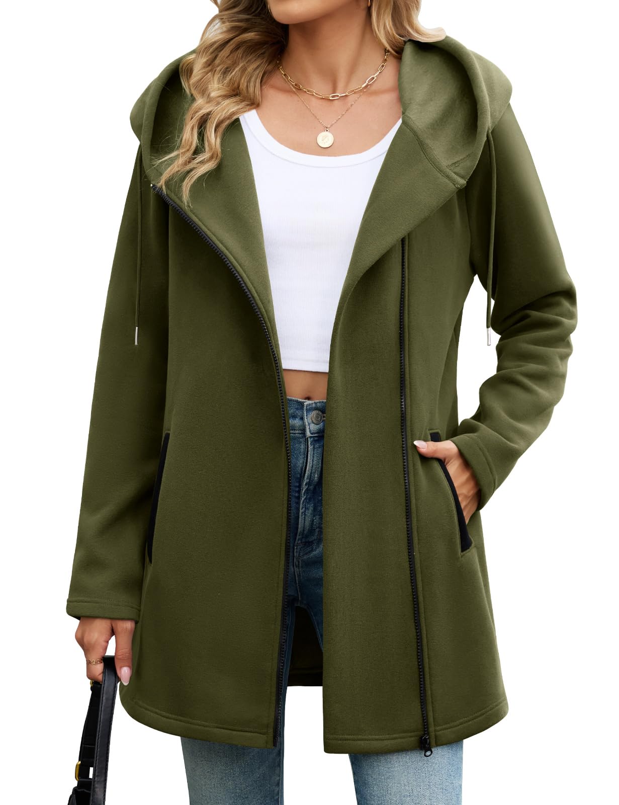 Vancavoo Sudaderas Mujer Cremallera Chaquetas con Capucha Asimetría Hoodie Polar Abrigo Casual Outwear Primavera y Otoño