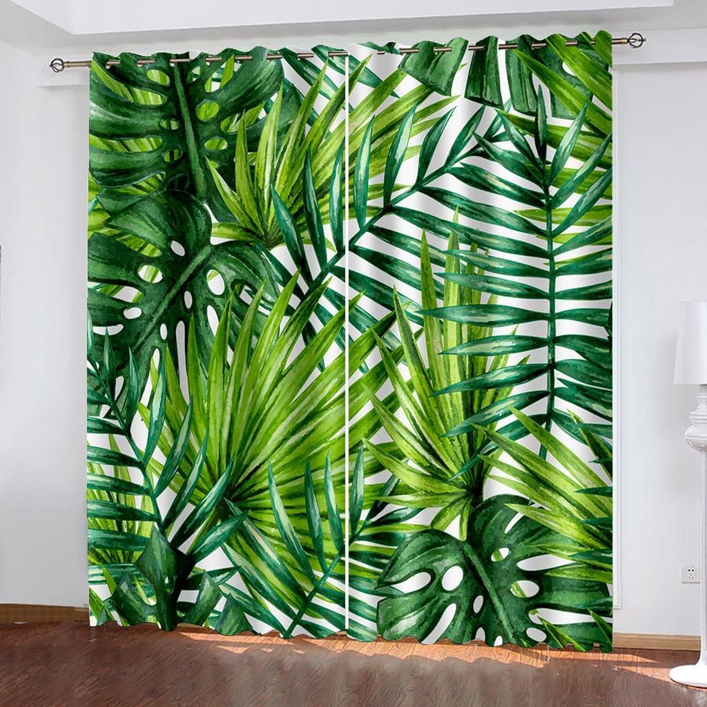 Verdunkelungsvorhänge mit Ösen 2er Set 100x175 cm pro Stück Blickdichte Vorhänge Palmblätter 3D Druck Grüne Blätter Thermo Blackout Vorhang für Schlafzimmer, Mittlere Fenster A-3074
