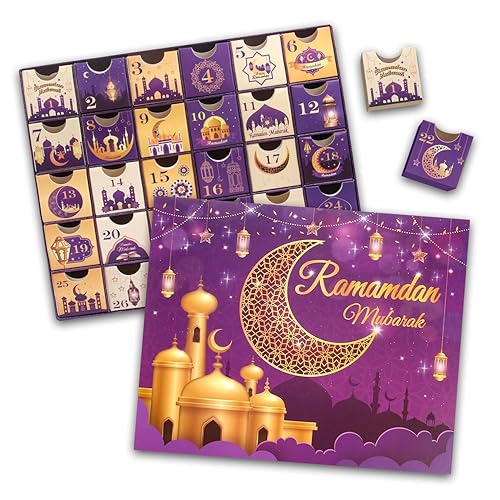 Ramadan Advent Calendar with Drawers, 2024 30 Empty Boxes for 30 days, Eid Mubarak Countdown Calendar Fillable Gift Box, Islamic Art, Cardboard Number Storage Box, Ramadan Party Supplies - Purple