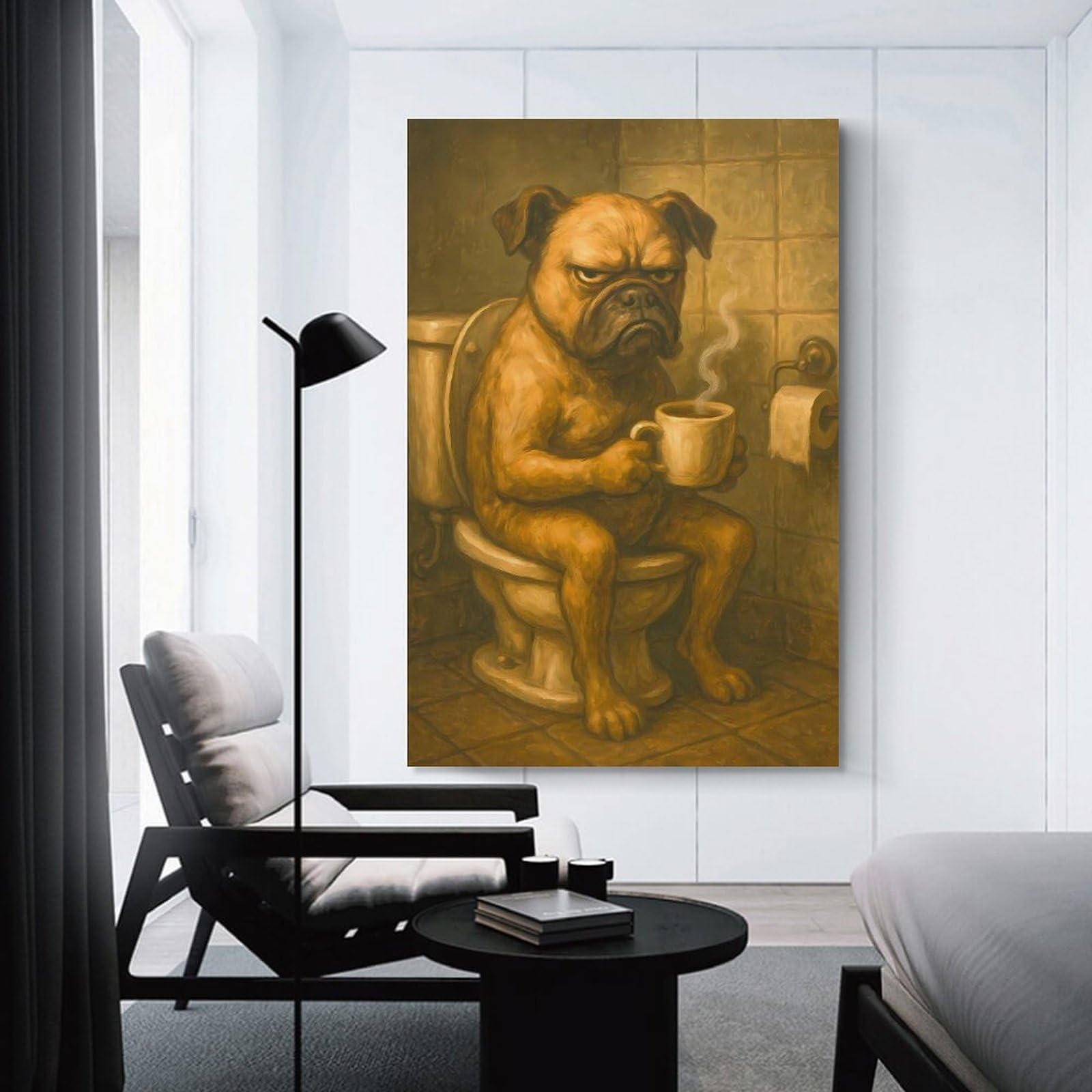 Junmoney Grumpy Dog on Toilet with Coffee Canvas Art Print, 20x30inch(50x75cm), for Hallway, Bedroom Or Modern Interiors, A Wall Art Gift for Fresh Interiors