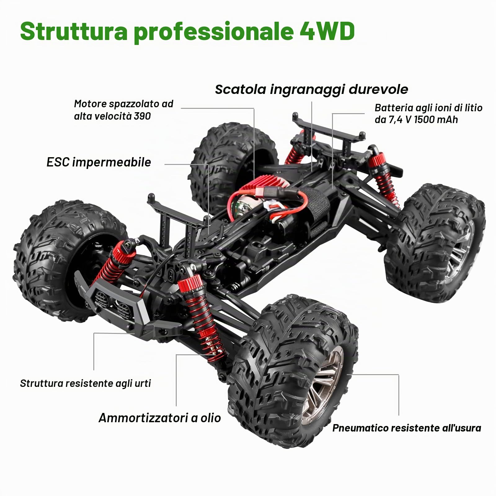 YONCHER YC200 Auto telecomandata, 1/16 45+Km/h Offroad Auto radiocomandata per bambini, radiocomando auto 4WD, 4x4 RC Crawler Camion di controllo remoto giocattolo con 2 batterie 55min+