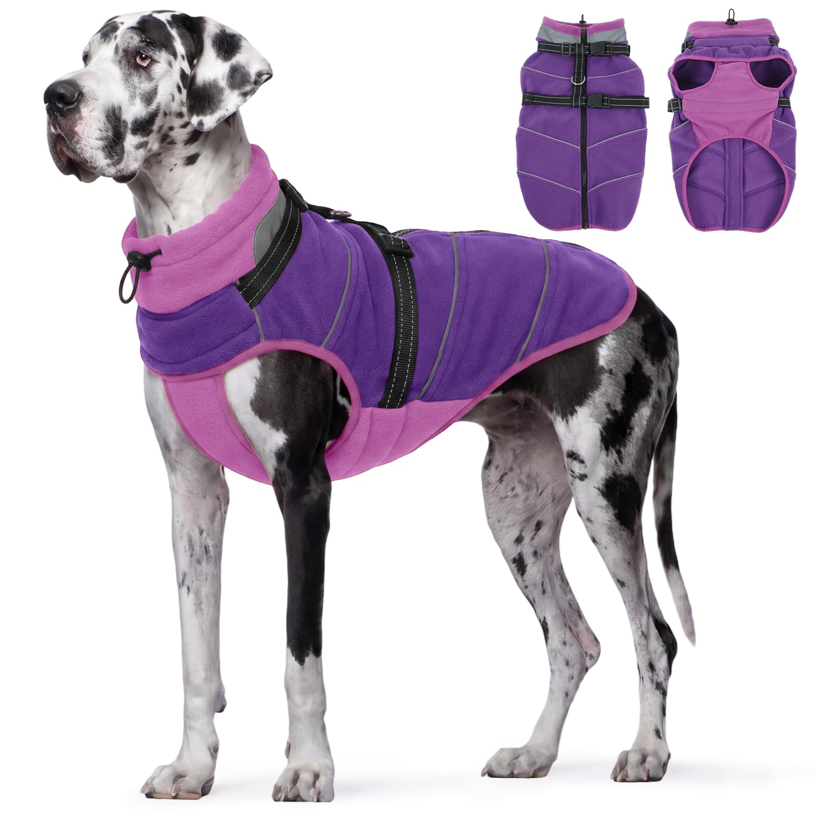 OUOBOB Dog Fleece Coat Built In Harness Reflective Winter Jacket Purple 2XL