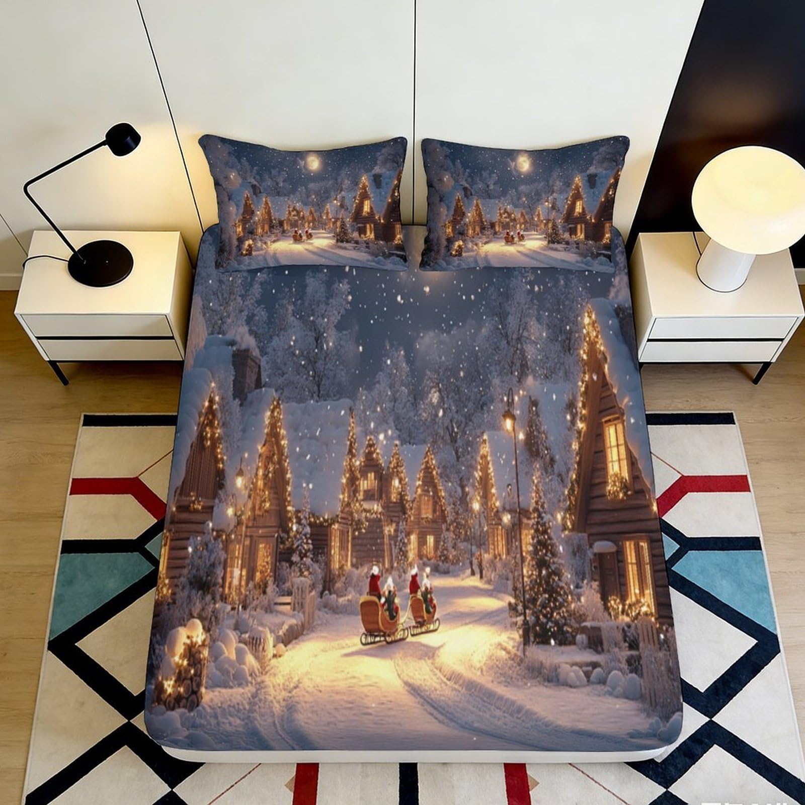 3D Printed Snow Village Fitted Sheet Microfiber Deep Pocket Non-Slip Snow Scene Mattress Fitted Cover Washable Bedding for Adults 200x200x25cm
