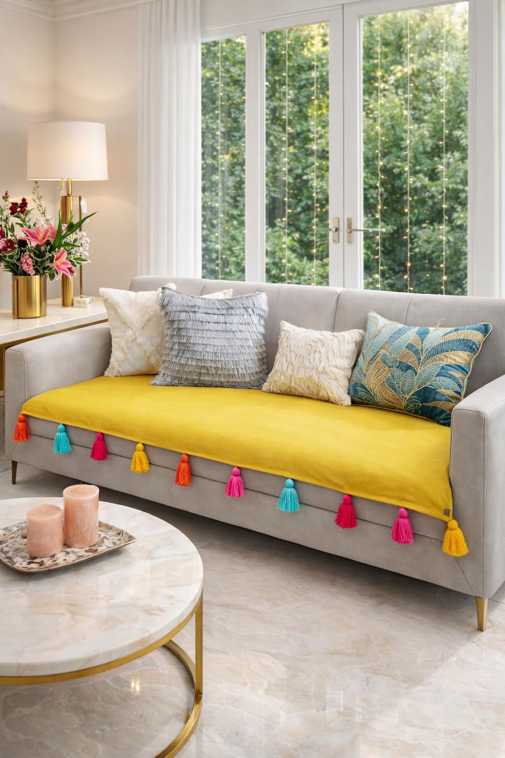 WWW.THROWPILLOW.IN Yellow Tassel Sofa Cover 3 Seater: 3 Seater Sofa Cover with tasselsAnti-Wrinkle, Stylish & Functional Sofa Throws for 3 Seater:Sofa Seat Cover 3 Seater, Sofa Throws for 3 Seater-image-25