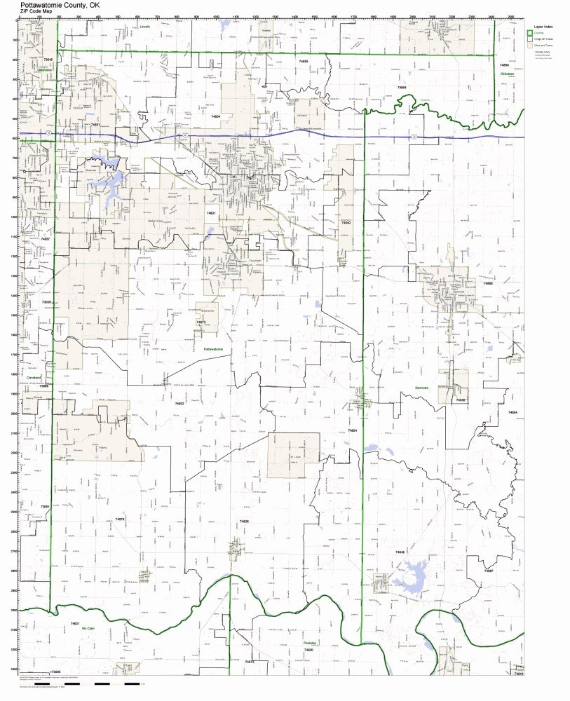 Pottawatomie County, Oklahoma OK ZIP Code Map Not Laminated
