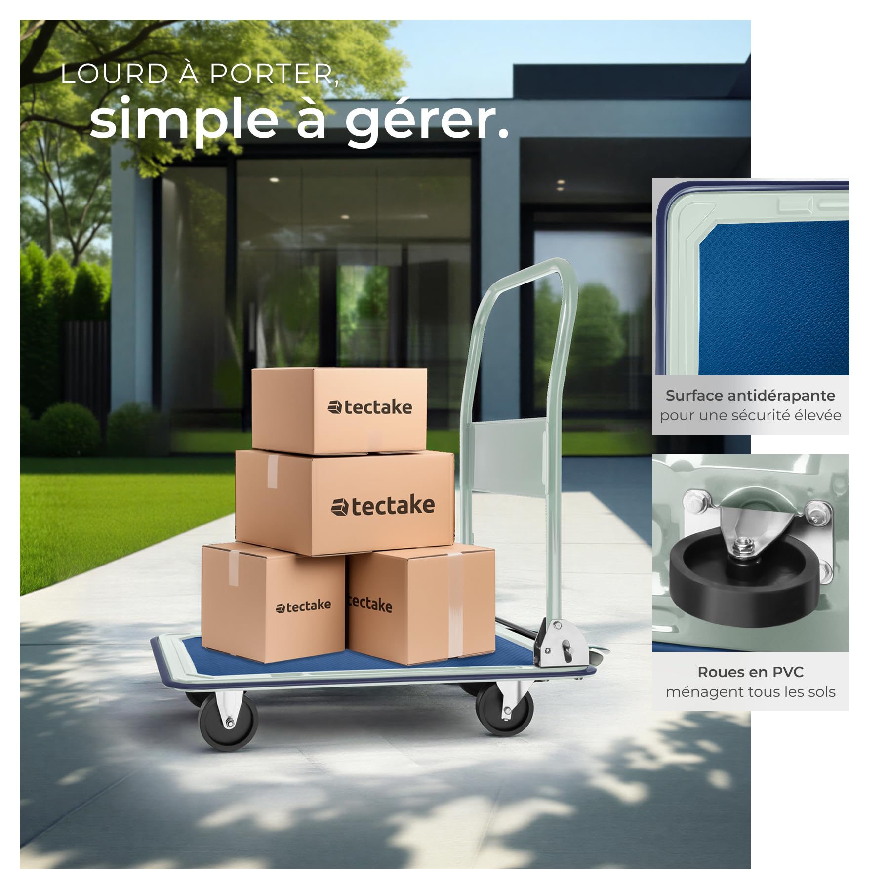 tectake® Chariot de transport plateforme à roulettes, Charge max. 150 kg, Chariot pliable Atelier Garage Magasin Demenagement, 2 Roues pivotantes et 2 fixes, Poignée Pliable par commande au pied, Vert