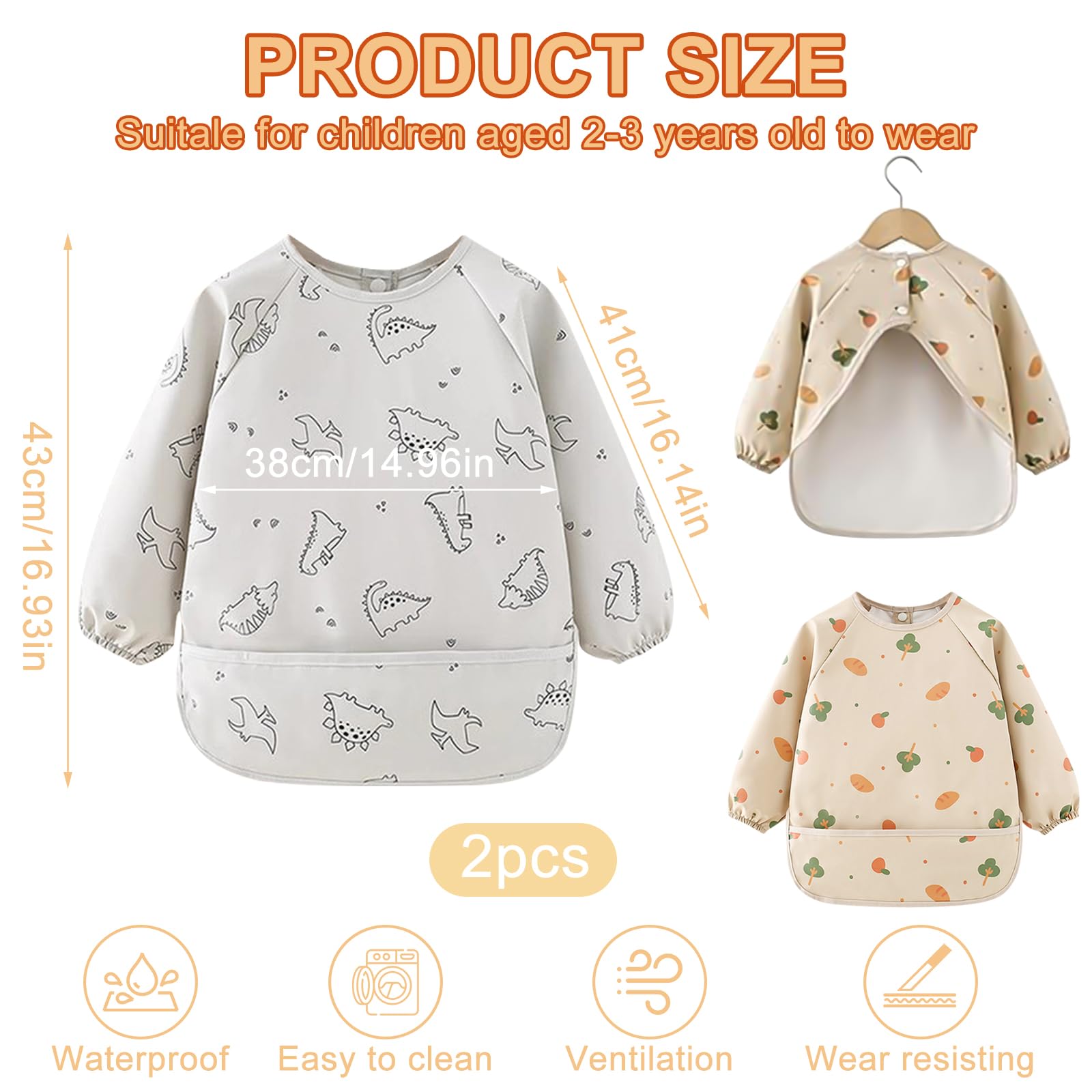 2PCS Bavoirs Manches Longues Bébé, Tablier Imperméable pour Enfants 2 à 3 Ans Motifs Arbre Dinosaure Bavoir Tablier Bébé pour Manger Jouer Peindre