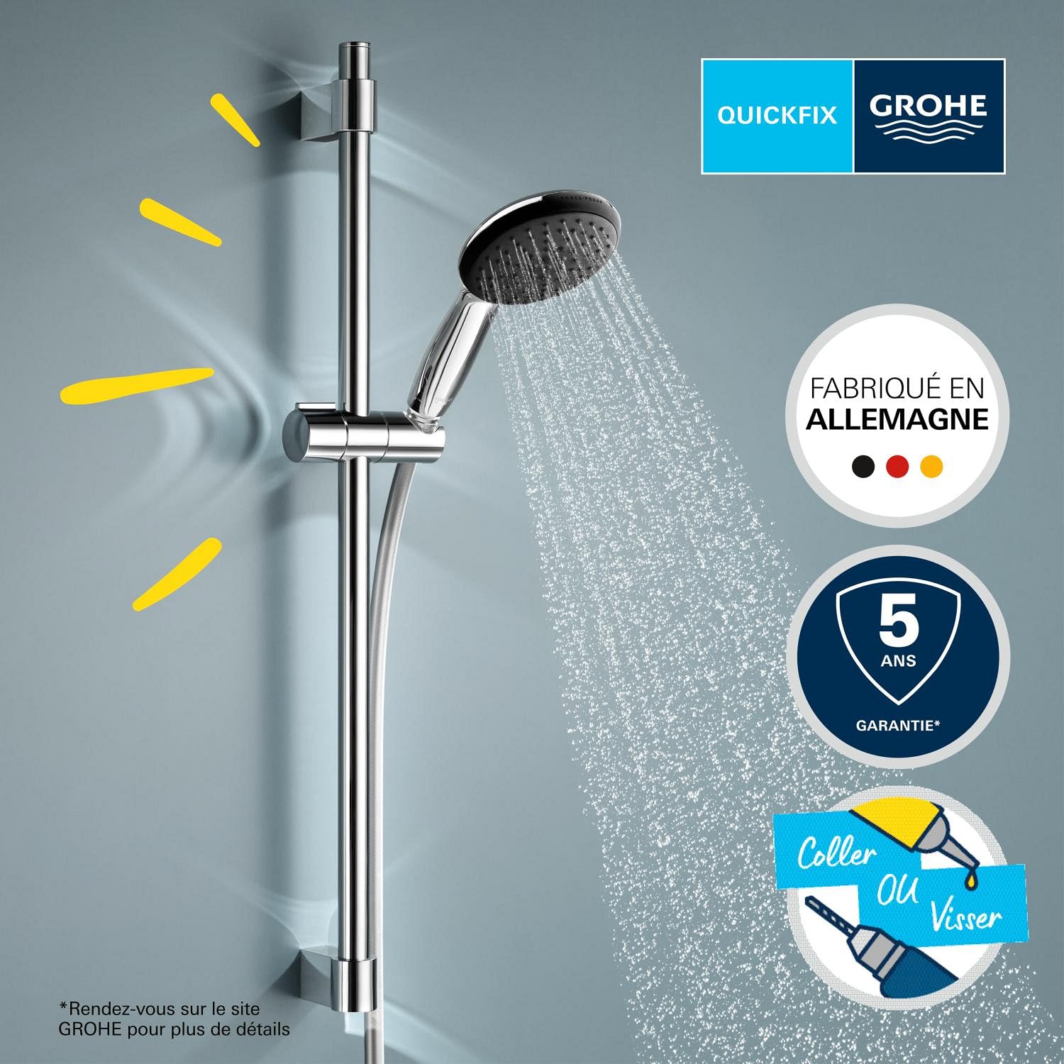 GROHE Vitalio Start 110, Ensemble de Douche avec Douchette Ronde 2 jets, Barre 60cm, Flexible 1,75m, Economie d'Eau, A coller avec GROHE QuickGlue ou à visser, Chromé, 27948001