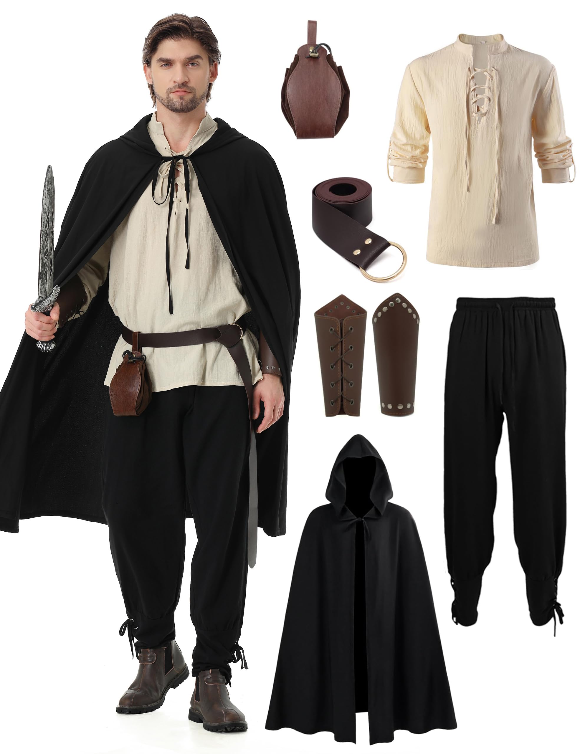 Disfraz Medieval Renacentista Hombre Conjunto de Ropa Medieval Traje Renacentista Disfraz de Vikingo con Camisa Pirata Pantalones Medieval Cinturón Muñequeras