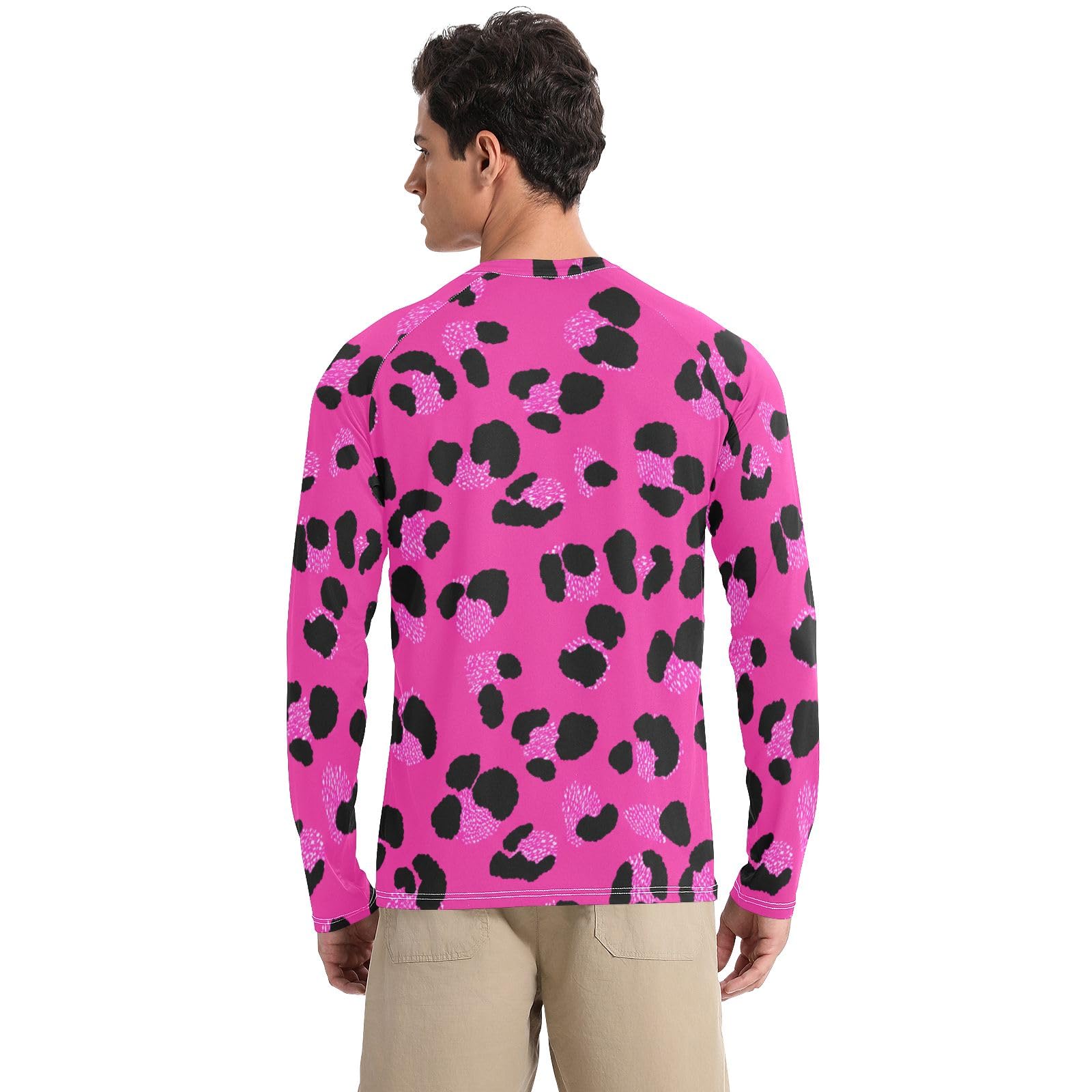 Animal Print Pink Black Leopard Sun Shirts UPF 50+ UV Sun Protection Quick Dry Rash Guard Men Long Sleeve Beach Shirts, Small