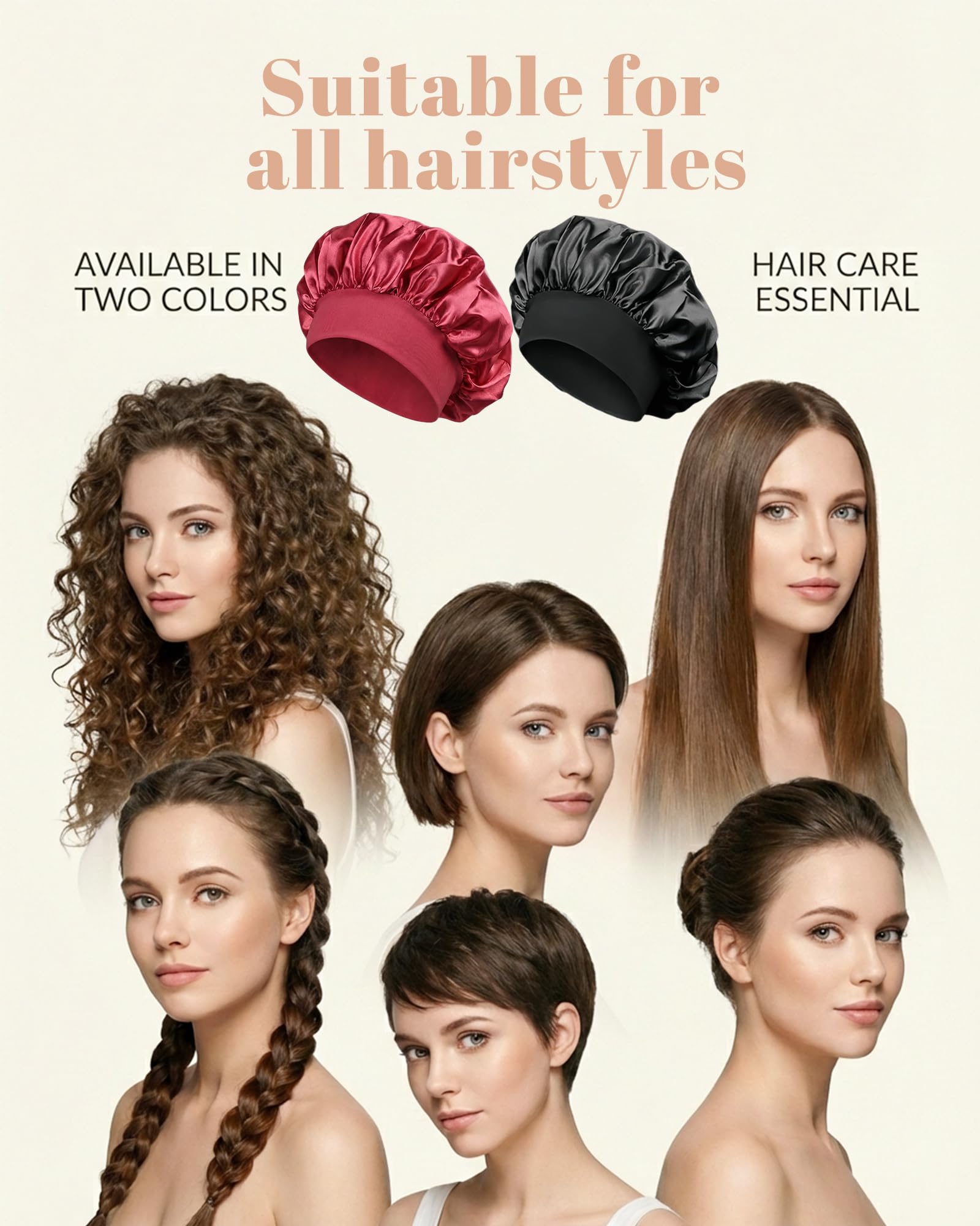 lulir Gorro de Seda para Dormir 2 Piezas - Gorro Saten Pelo Rizado con 2 Coleteros, Silk Bonnet Ajustable con Banda Elástica, Suave Antifrizz Cuidado del Cabello, para Mujer y Niña — view 6