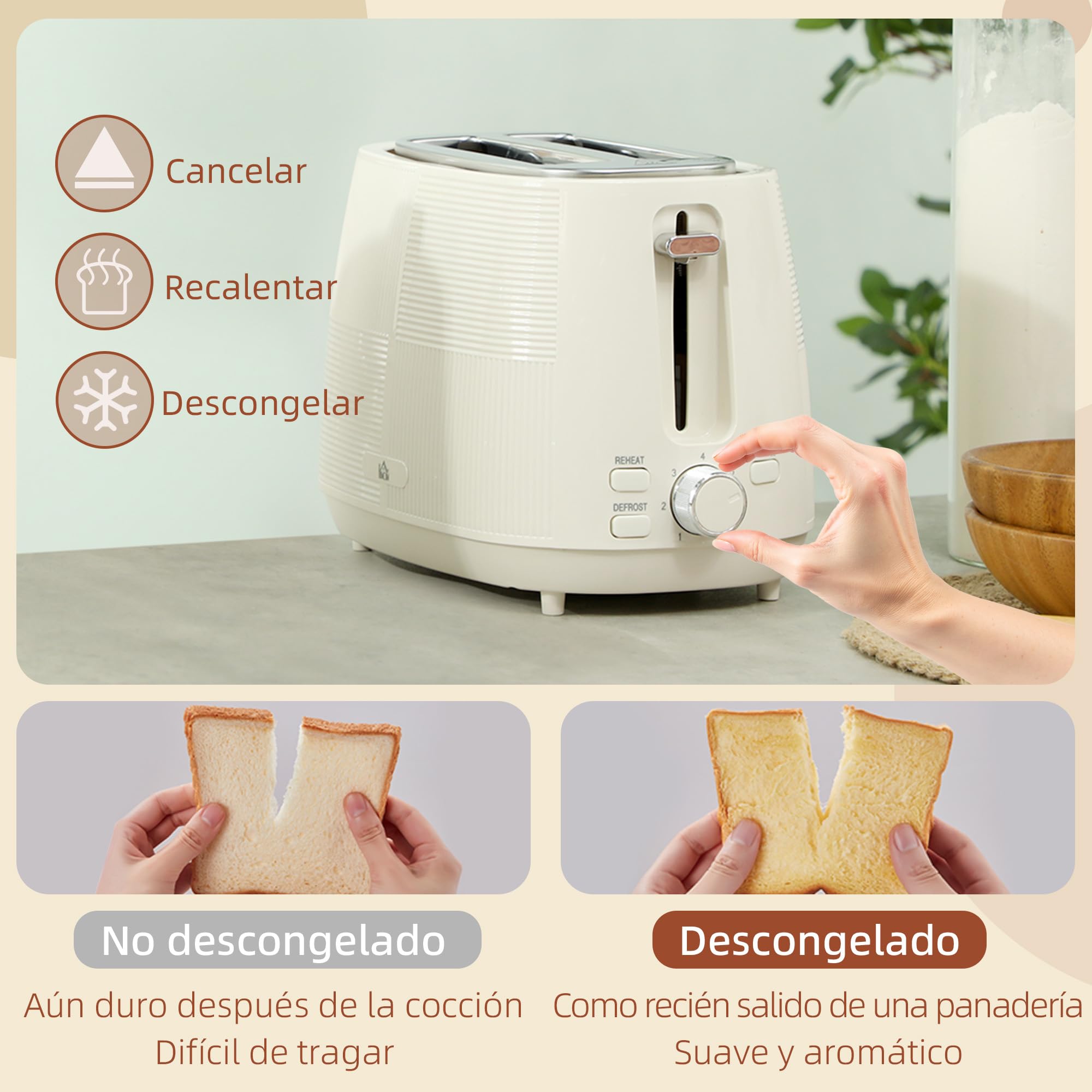 HOMCOM Juego de Tostador y Hervidor 2200W Hervidor de Agua Eléctrico de Acero Inoxidable 1,7L Tostadora Pan Ranura Ancha para 2 Rebanadas 3 Funciones Crema