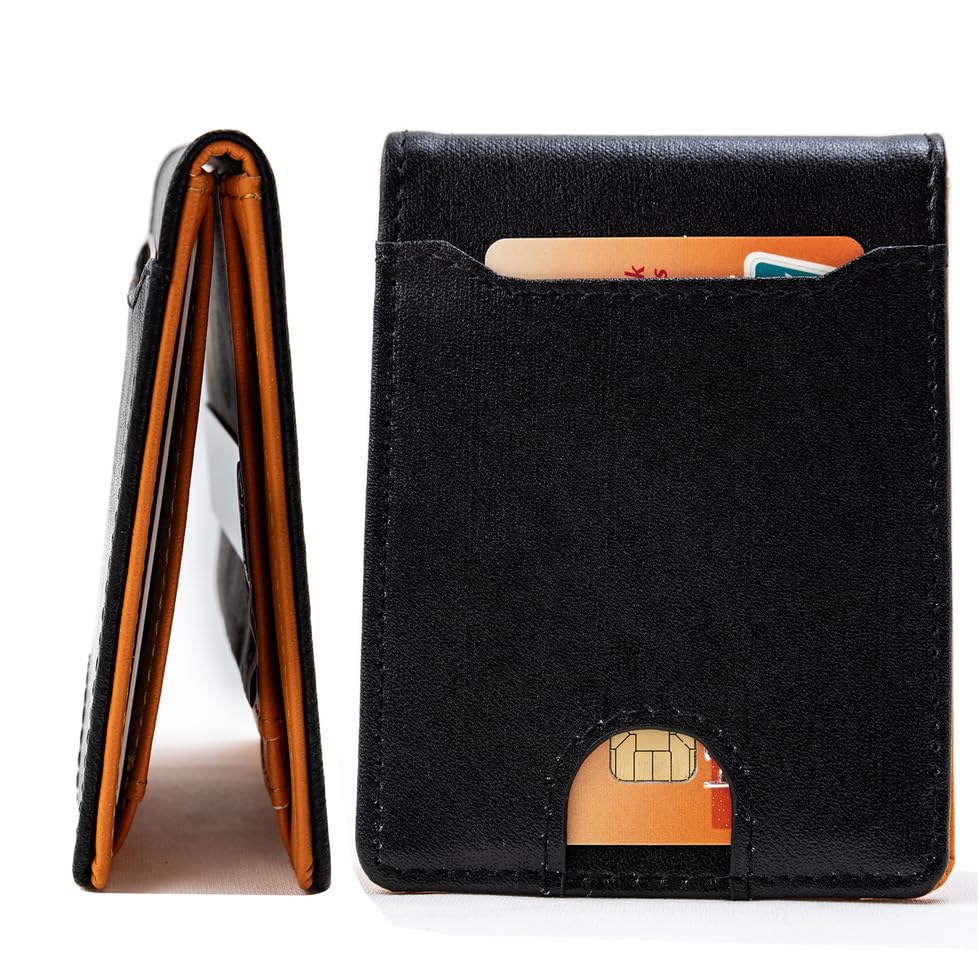 Mens Slim Wallet - Minimalist Front Pocket Bifold Top-Grain Leather Wallets with Money Clip ID Window Credit Card Holders Gifts for Men