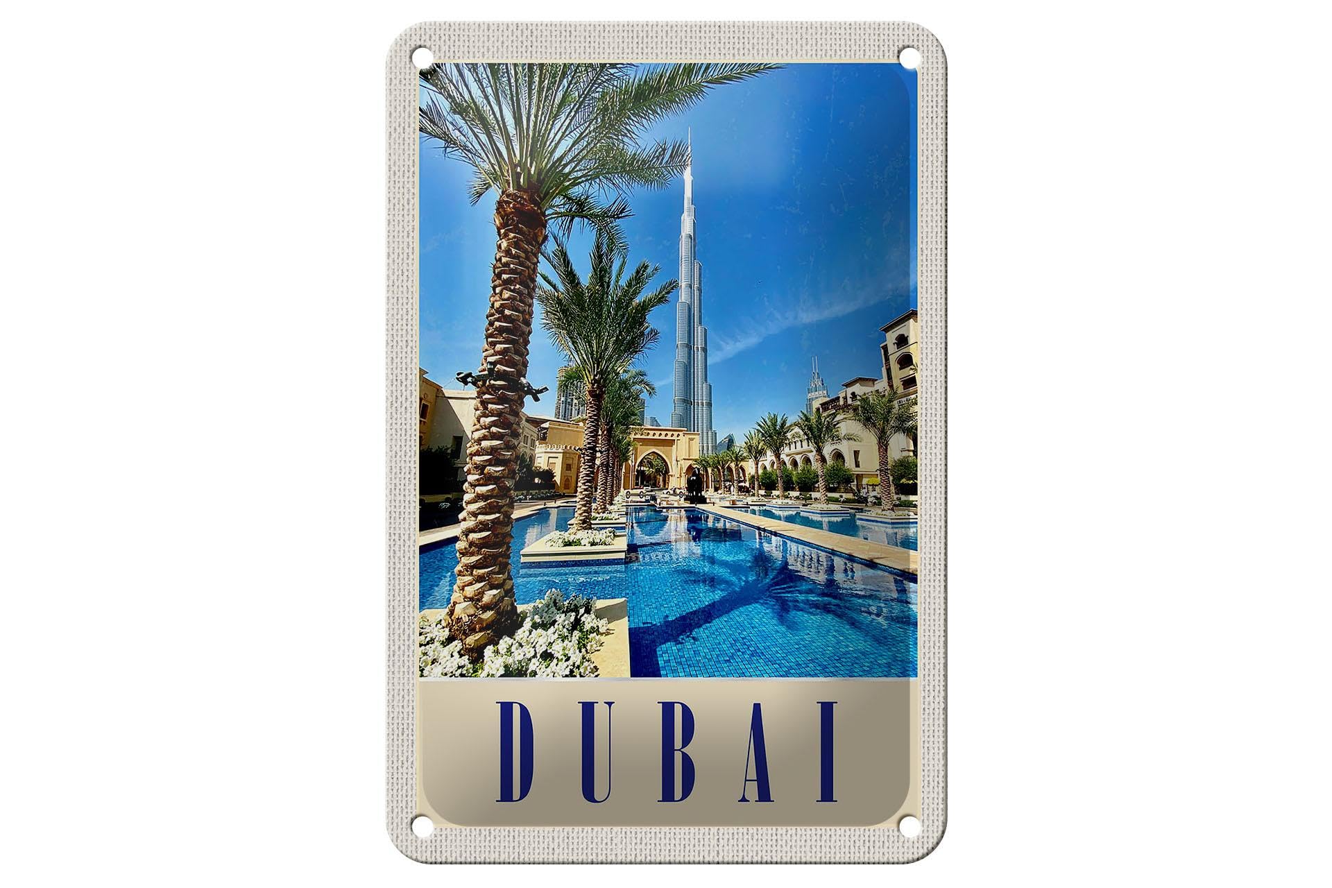 Dekono7 Colourful Tin Sign 18 X 12 Cm Dubai Design Hotel With Pool