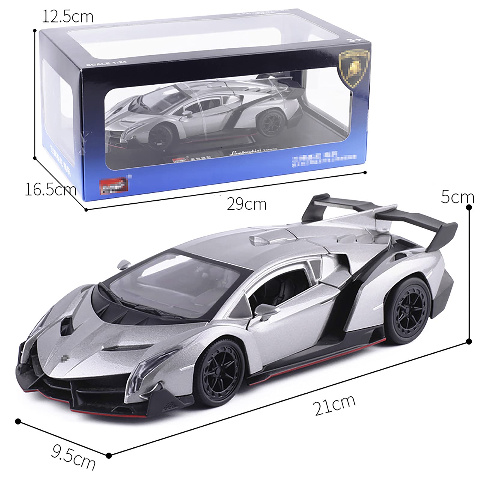 WangXLDD Modello di Auto da Corsa Super, Compatibile con Lamborghini Veneno Roadster, Lega da Corsa in Scala 1/24 modellino di Auto Giocattolo da Collezione per Ragazzi (Silver)