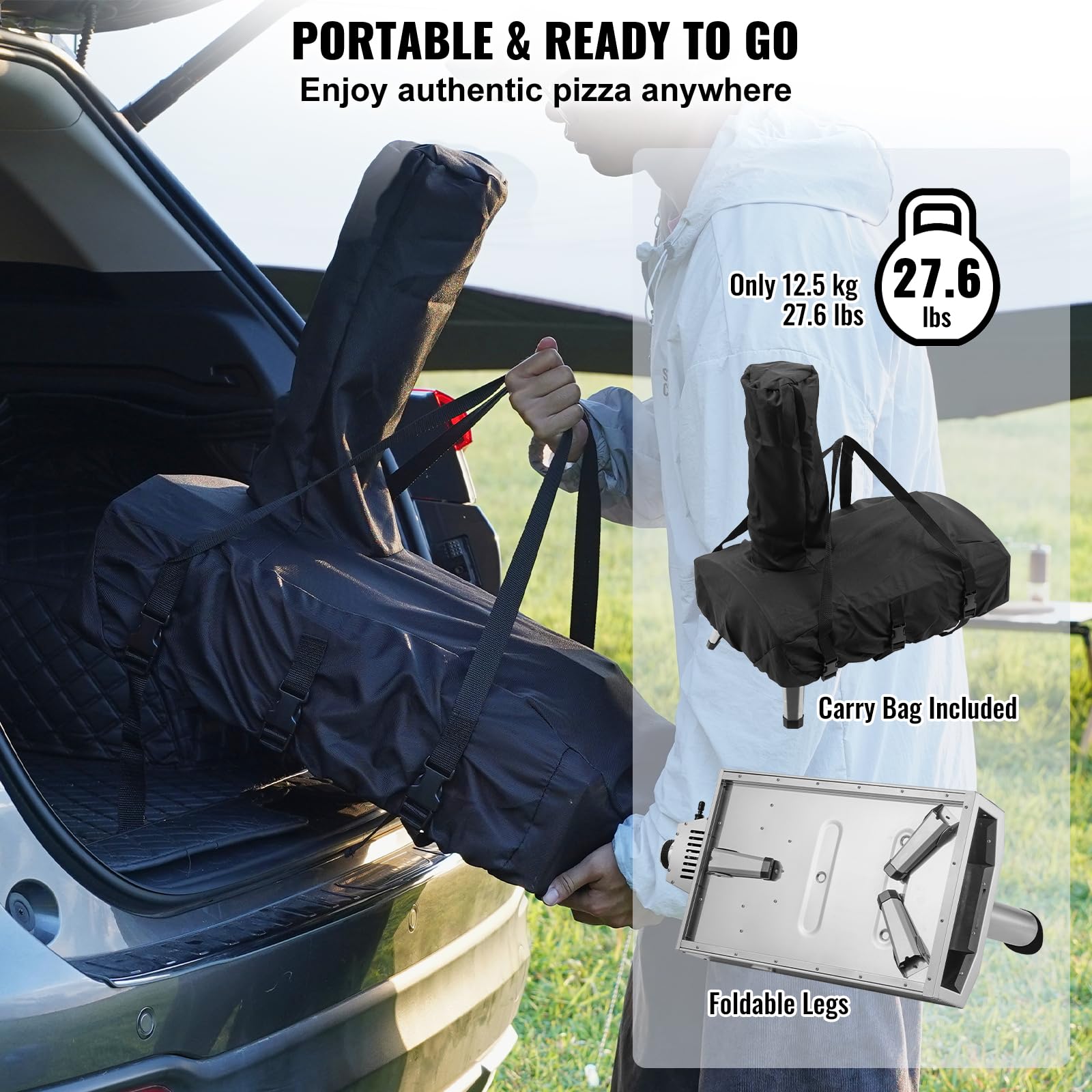 VEVOR Horno de Pizza Portátil Combustible Dual para Uso al Aire Libre, Alimentado con Pellets y Gas y Piedra de Pizza de Cordierita Espesa, Pata Plegable a Acampar y Patio, 360 x 680 x 850 mm, Plata