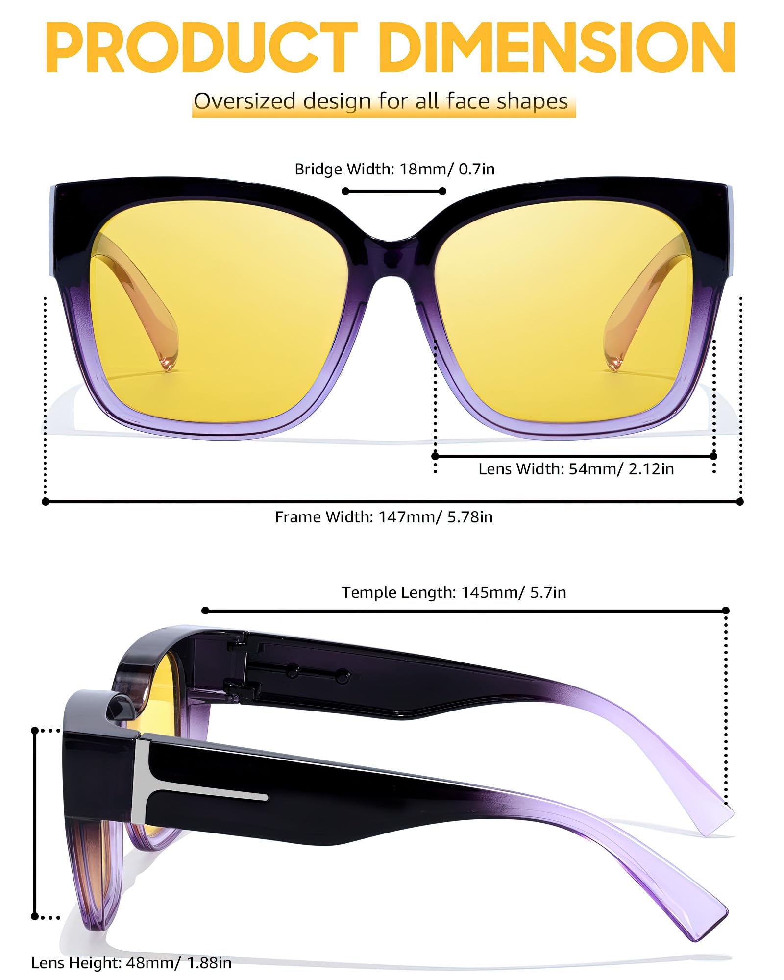 SIPHEW Polarisiert nachtfahrbrille für Brillenträger - Große Überbrille mit gelben Gläsern für Autofahrer: Überzieh-Nachtsichtbrille für Fahren bei Nacht und Tag UV400 Schutz