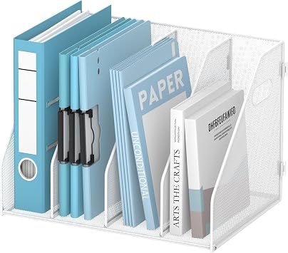 SUPEASY Binder organiser, Magazine File Holder with 4 Vertical Compartments Rack, Metal Desk File organiser & Binder Holders, Magazine organisers for Office Desktop, Home, School White
