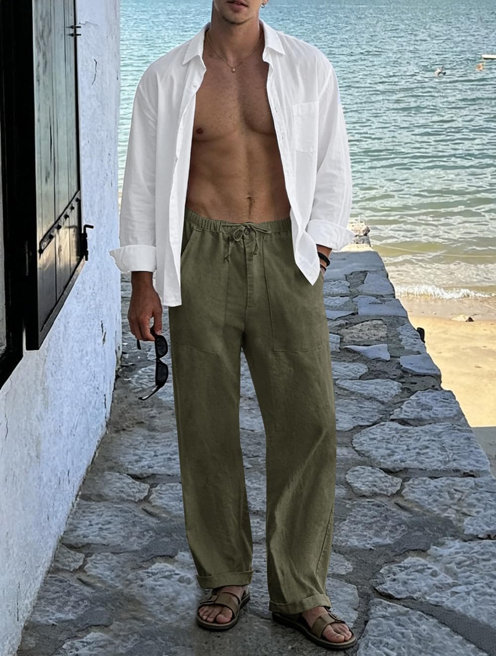 Puimentiua Leinenhose Herren,Lang Leichte Sommerhose,Loose Fit Sommer Leinen Hose,Baumwollehosen mit Tunnelzug und Reißverschluss (S-3XL)