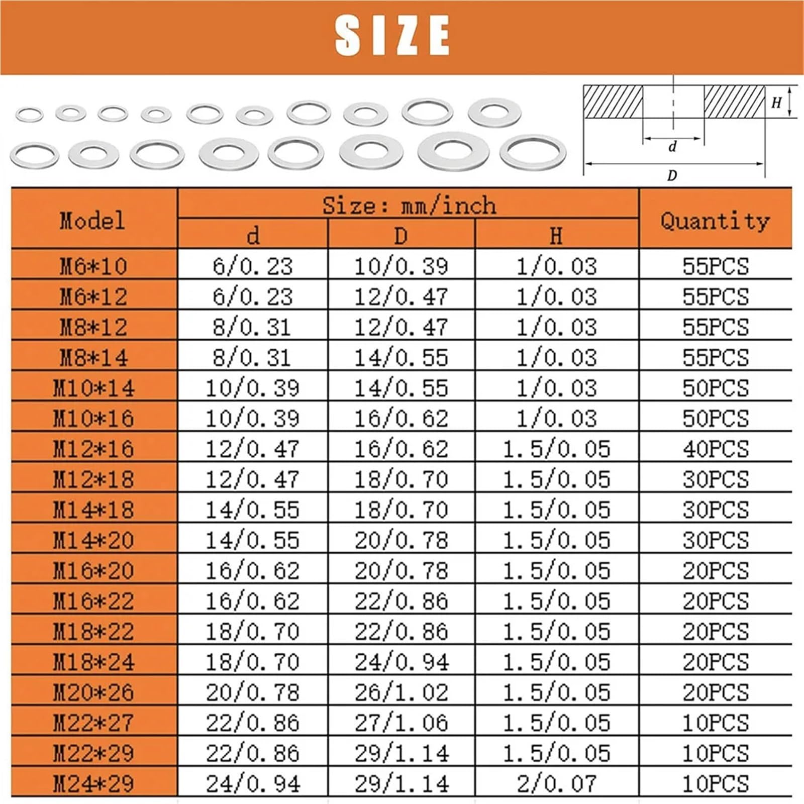 Lot de 580 joints de bouchon de vidange d'huile - 18 tailles - Bouchon de vidange en aluminium automobile M6-M24