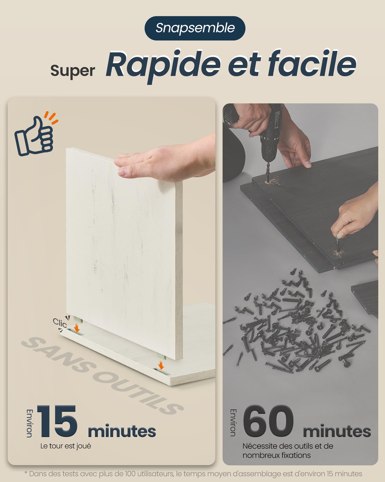 SONGMICS HOME Buffet, Assemblage Ultra-Rapide sans Outils Toolless, Meuble de Rangement de Cuisine avec Plan de Travail, Étagères Réglables, Blanc Rustique et Marron Miel BBK376WJ02