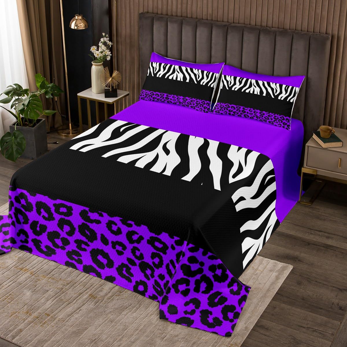jejeloiu Leopard Zebra Quilted Coverlet Twin Cheetah Bedspread for Kids Animal Print Coverlet Set Teens Ultra Soft Decor Safari Purple and Black All Season Breathable Lightweight