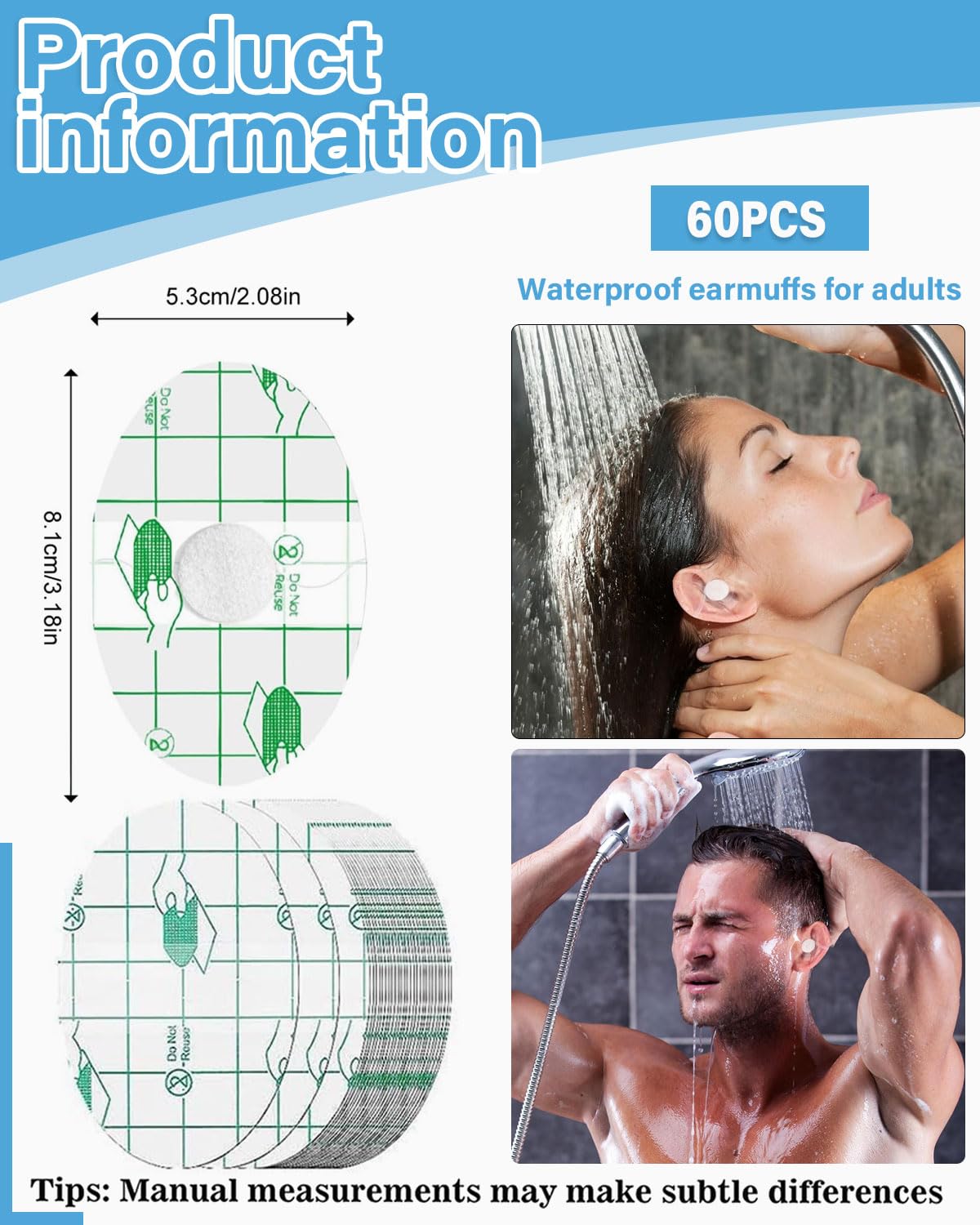 60 Pezzi Adesivi per Orecchie Impermeabili, Adesivo Impermeabile di Protezione Dell'orecchio, Copriorecchie Trasparenti UltraSottili Adesivi Orecchie per Doccia e Nuoto（8cm x 6cm）