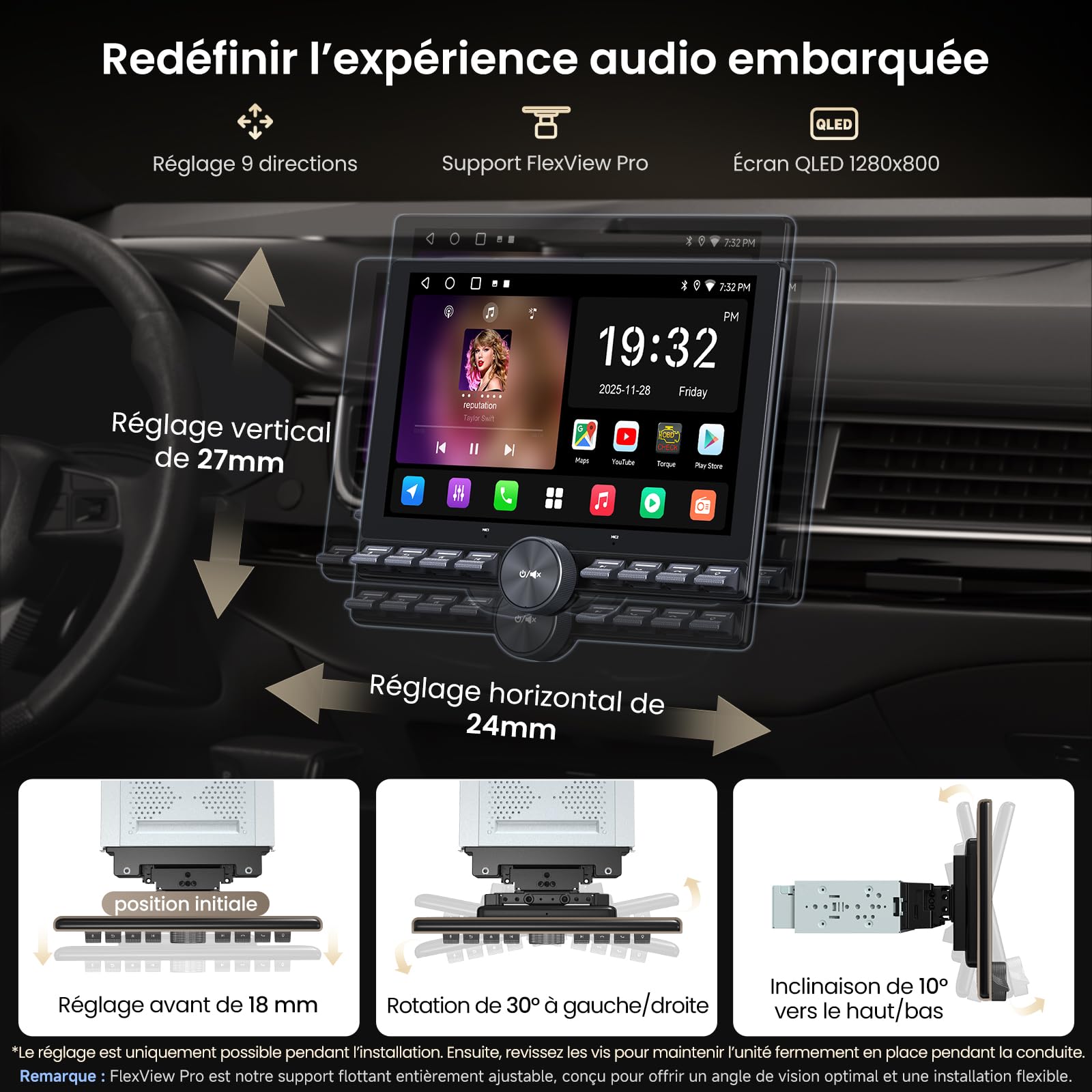 ATOTOZONE 10,1" FlexView Autoradio Android Adaptatif pour 1 Din et 2 Din, Écran Flottant ChatGPT AI Radio, Wi‑FI/USB/Bluetooth, CarPlay & Android Auto sans Fil, EQ/DSP/RDS, Caméra de Recul