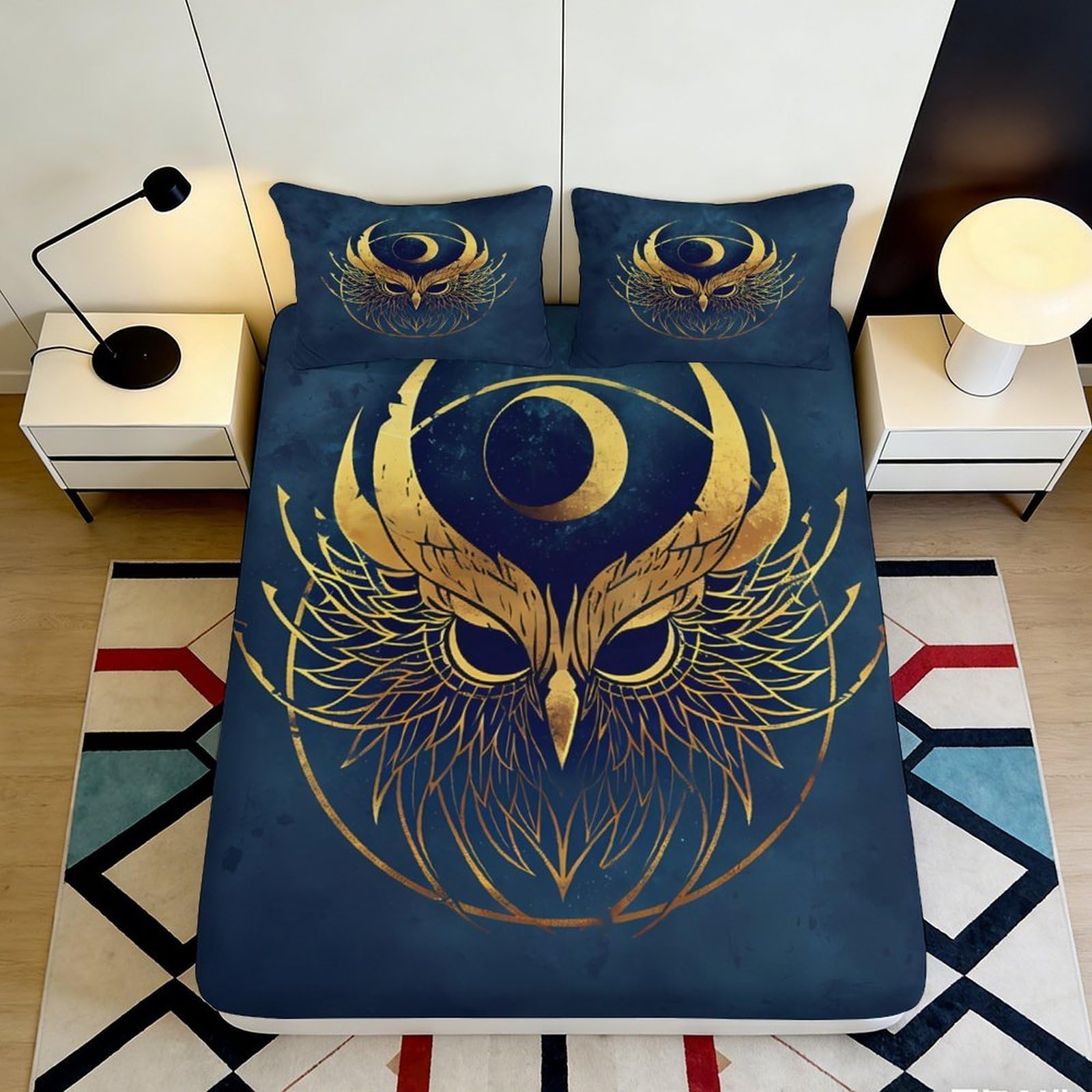 3D Printed Golden Owl Moon Fitted Sheet Microfiber Soft Breathable Mattress Cover for Bedroom Guest Room Decor 90x200x25cm